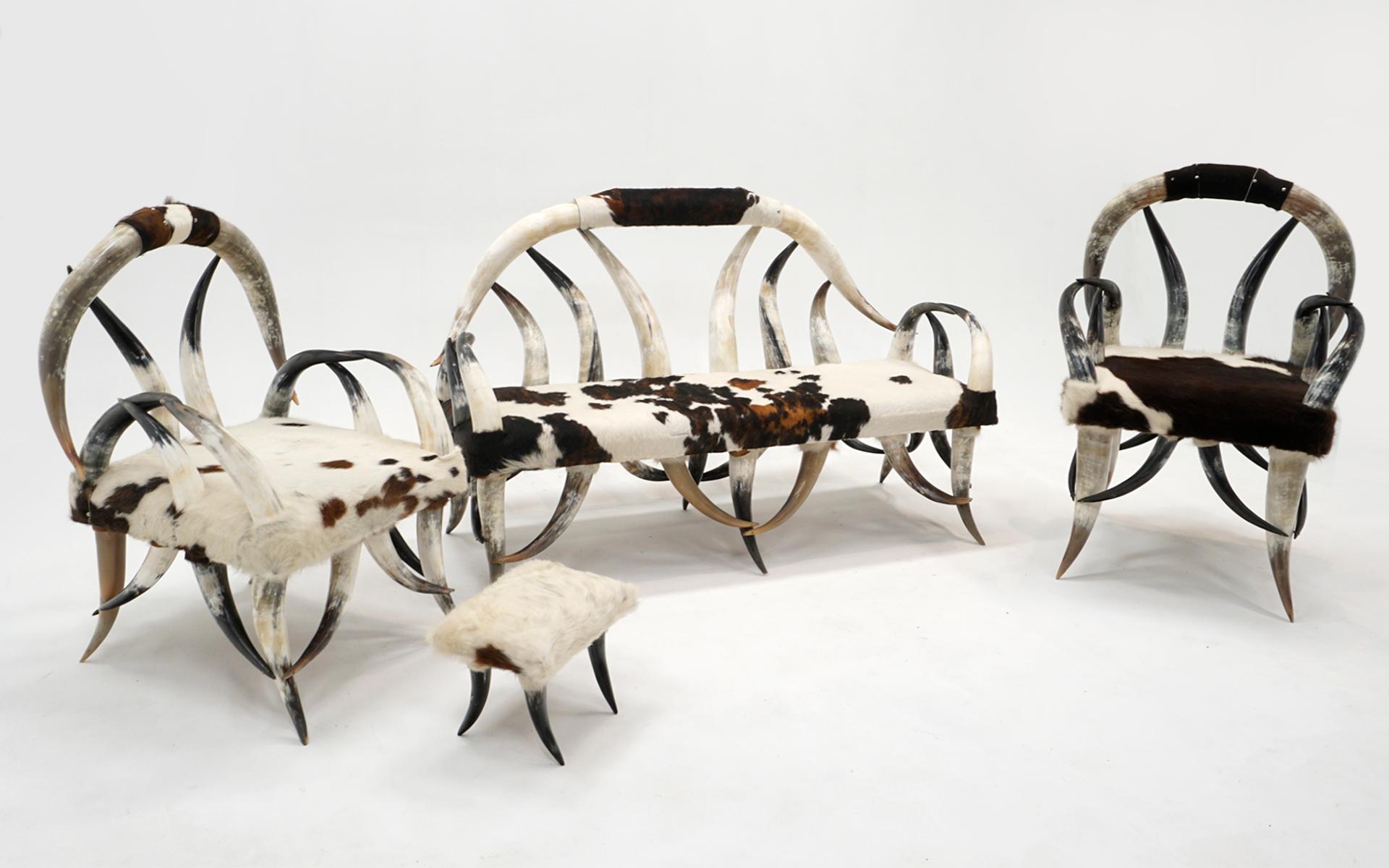 Rustic Steer Horn Sofa, Two Chairs & Ottoman, Black, Brown & White Cowhide Upholstery  For Sale