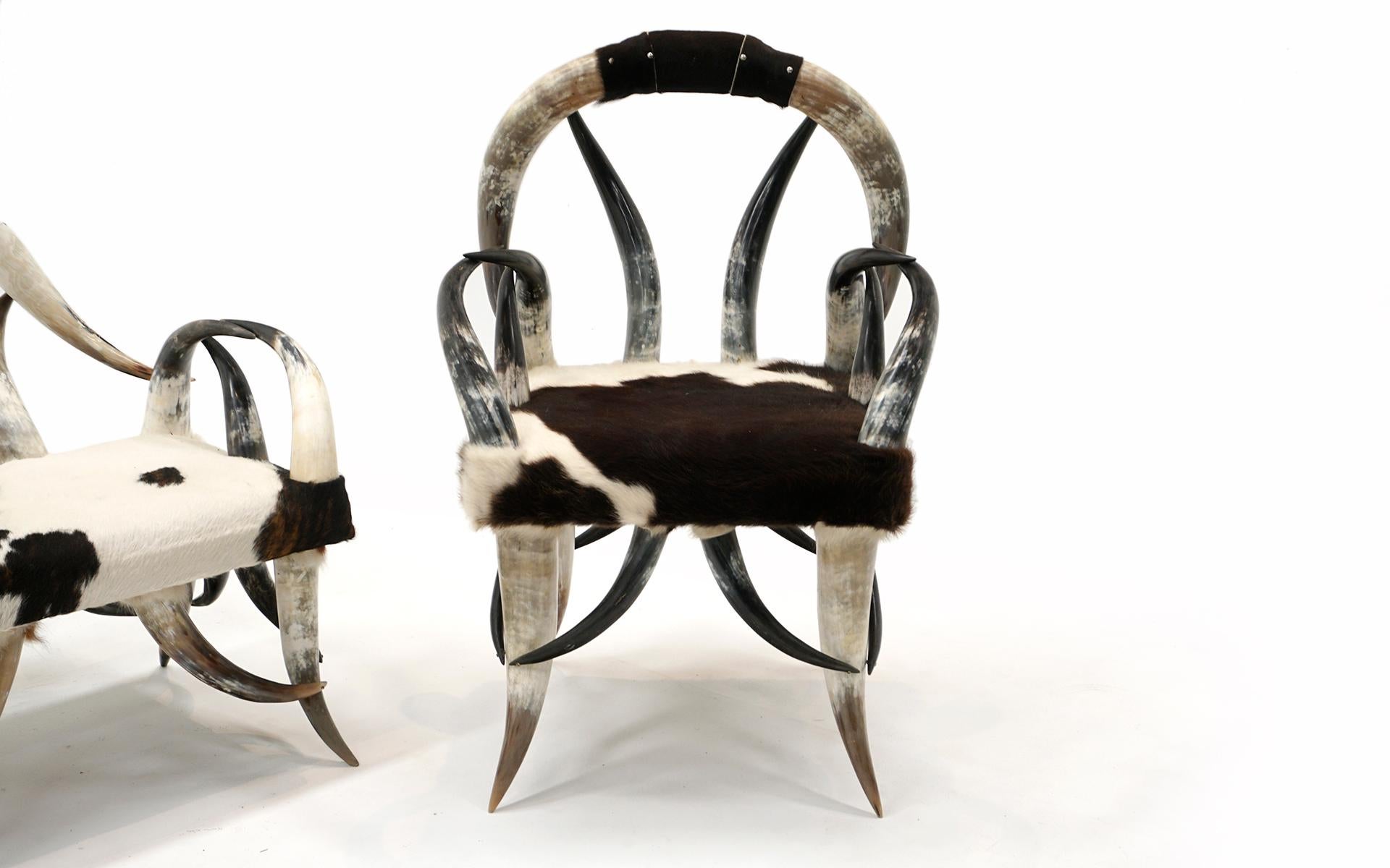 American Steer Horn Sofa, Two Chairs & Ottoman, Black, Brown & White Cowhide Upholstery For Sale