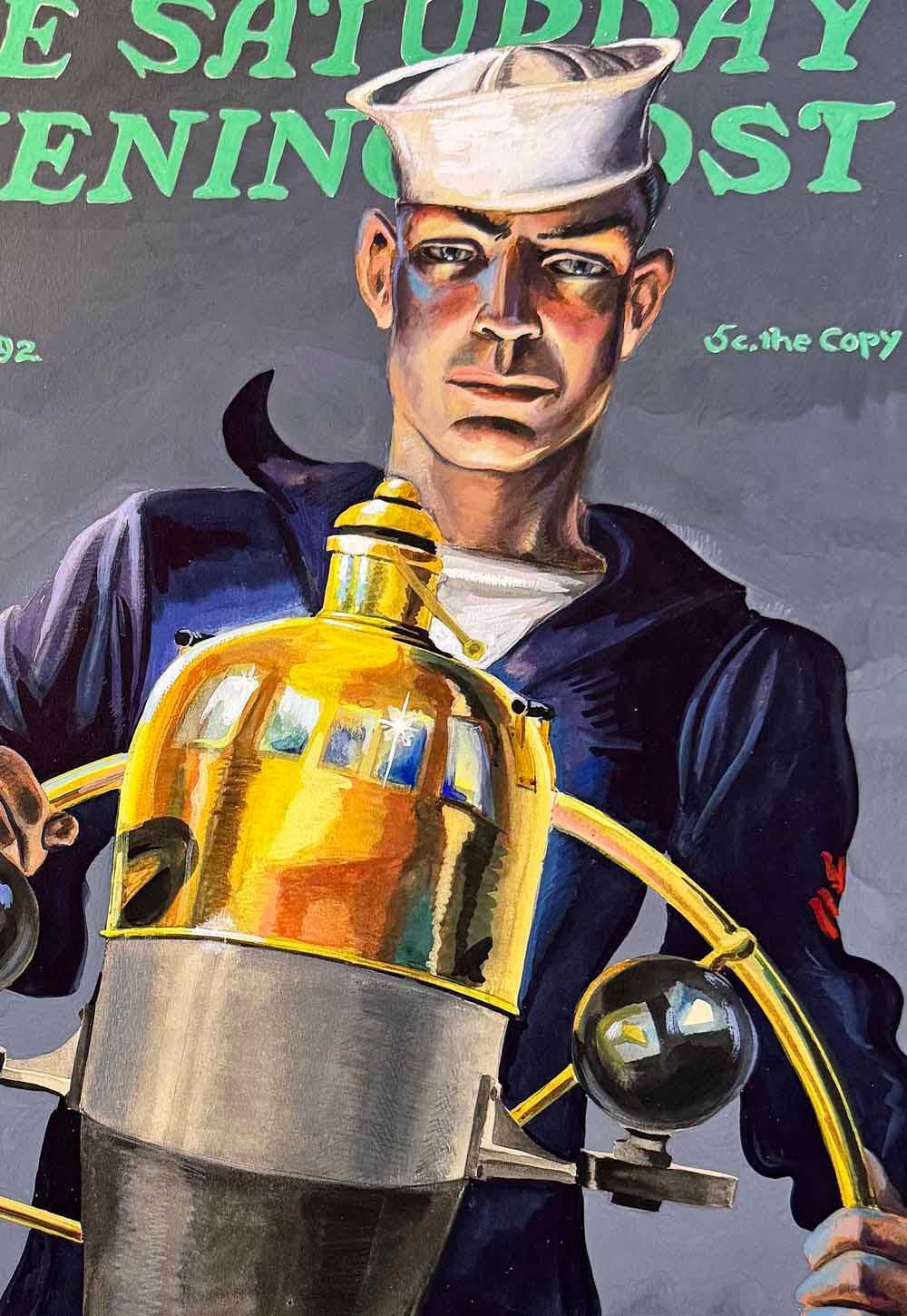 Concepita e realizzata in modo audace, questa maquette originale per una proposta di copertina del Saturday Evening Post di Larry Segall raffigura un marinaio al timone di una nave, con le mani sulla ruota e la rotta guidata da una bussola