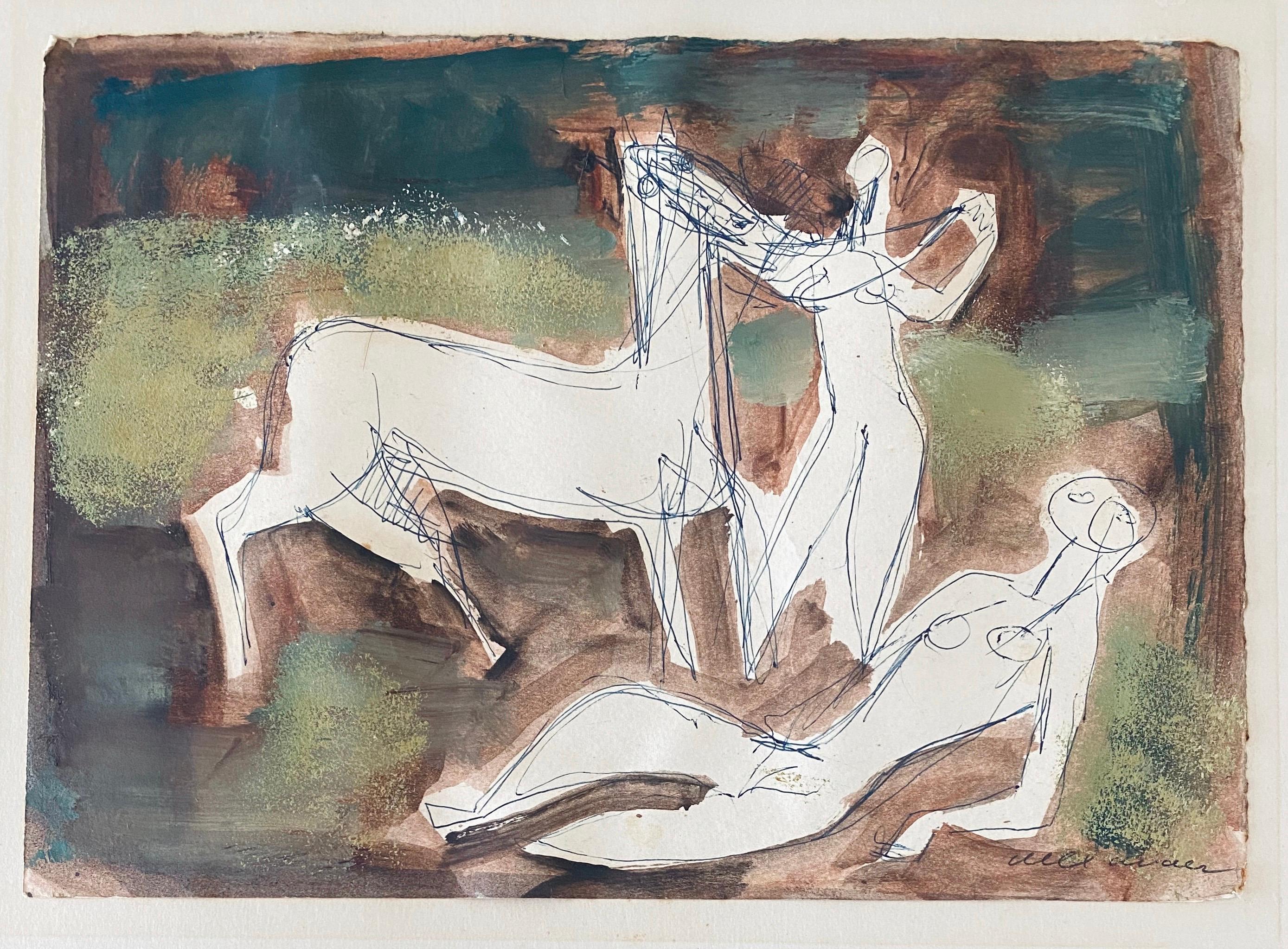 Abstract Painting di Stefan Alexander - Composizione astratta con figure Modernista israeliano della metà del secolo scorso