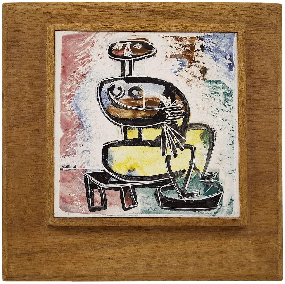 Painted Modernist Nude Figure Ceramic Plaque, Israeli Painting