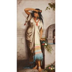 Late 19th Century antique Orientalist oil painting of a young woman