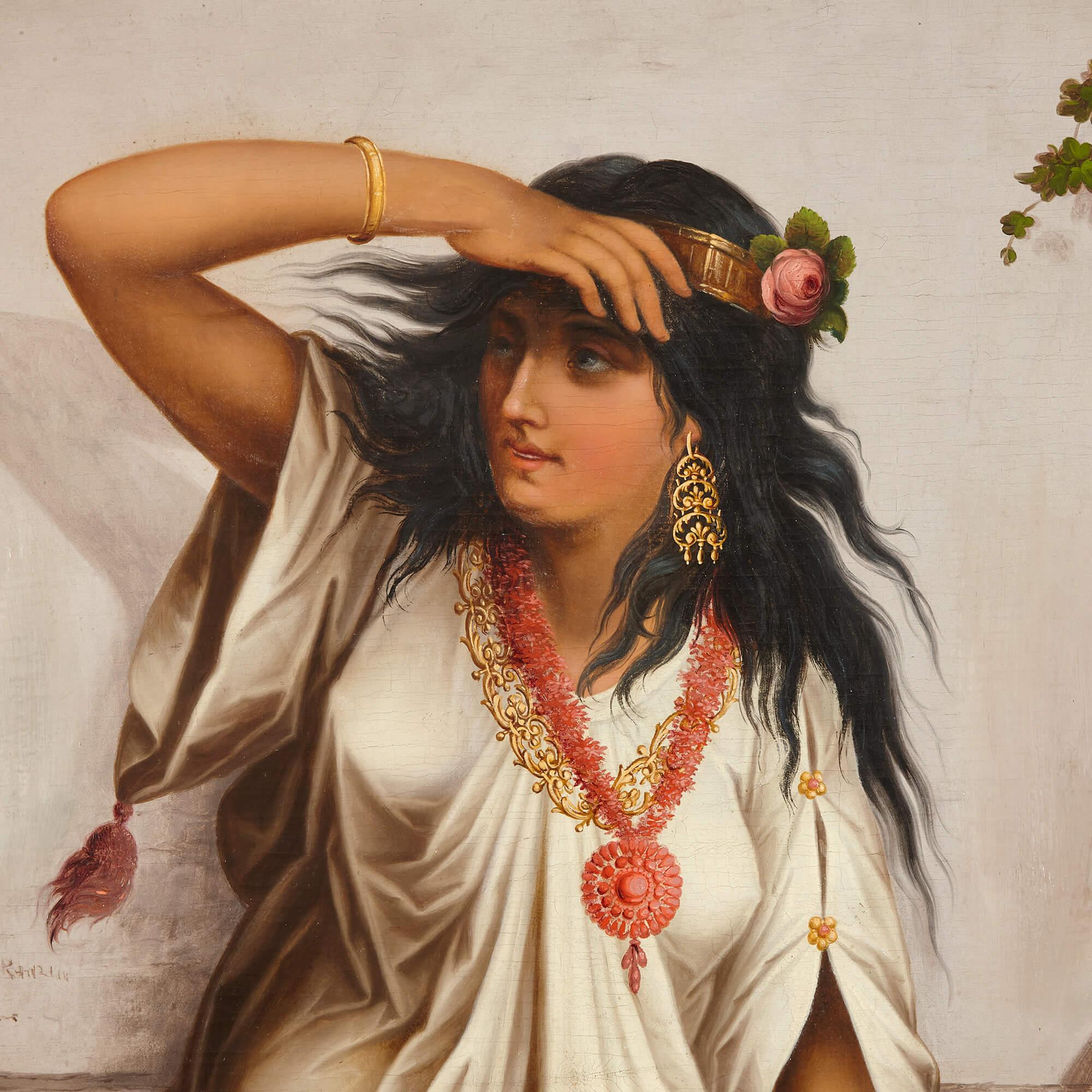 Antikes orientalisches Ölgemälde einer jungen Frau aus dem späten 19. Jahrhundert
Rahmen: Höhe 146cm, Breite 86cm, Tiefe 7cm
Leinwand: Höhe 132cm, Breite 73cm, Tiefe 3cm

Dieses große Porträt in Öl auf Leinwand zeigt ein klassisches