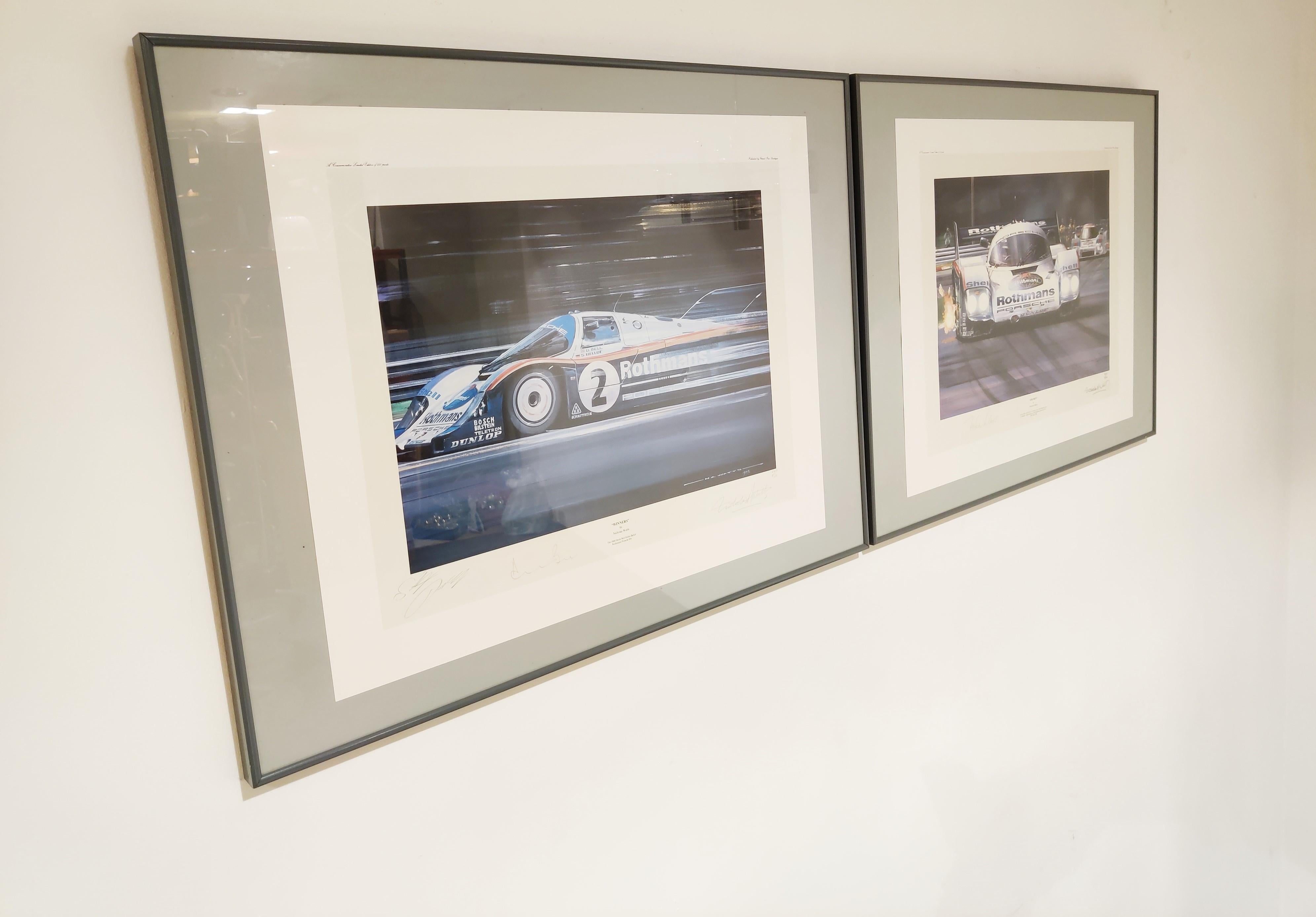 Deux impressions originales de Nicholas Watts (les deux œuvres signées par l'artiste en bas à droite) représentant la Porsche 956 de Stefan Bellof et Derke Bell au Mans et la Porsche 962C de Jochen Mass aux 1000 km du Mugello.

Les tirages sont