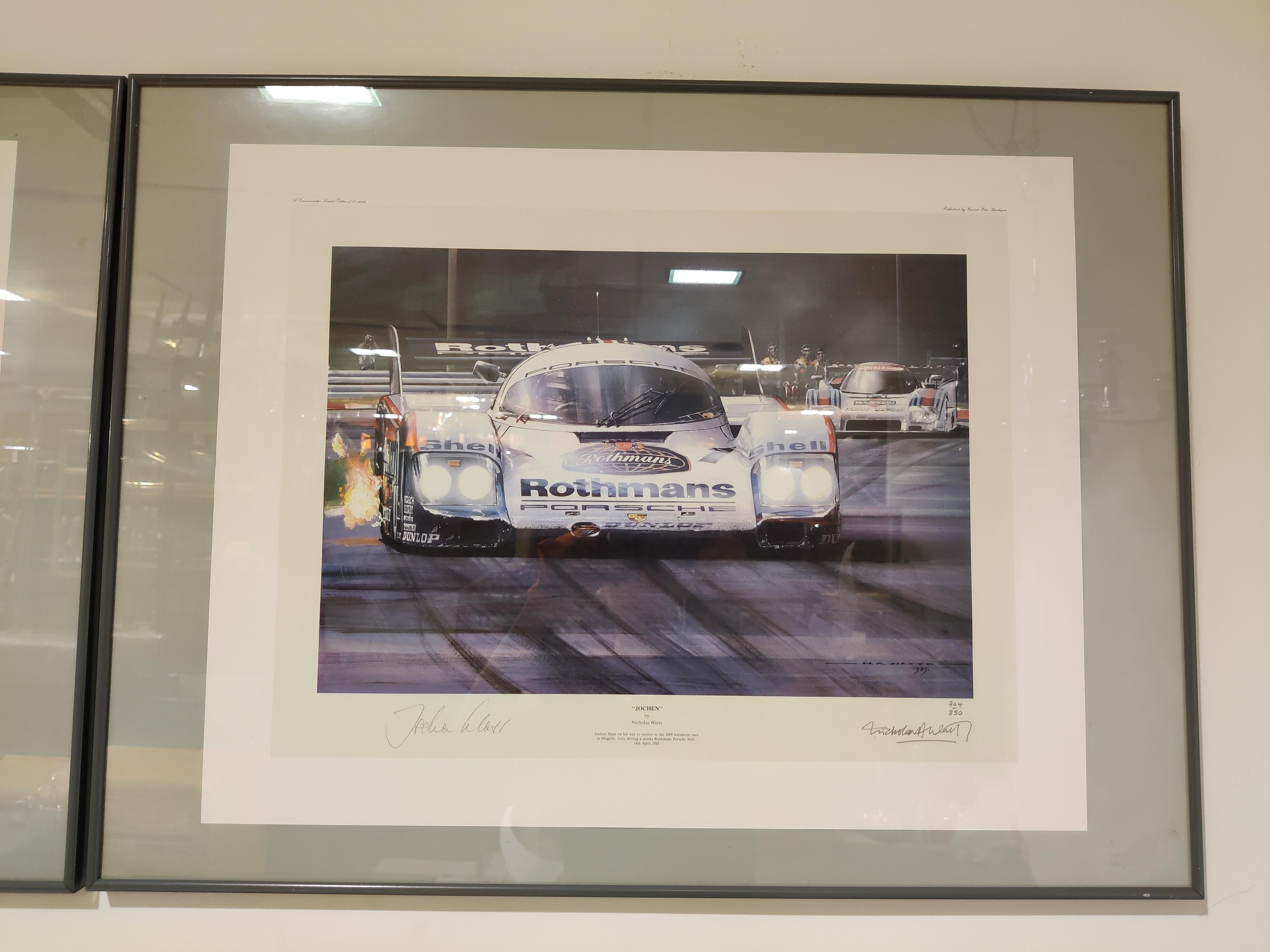 Stefan Bellof, Derek Bell und Jochen Mass, signierter Druck von Nicholas Watts (Papier) im Angebot