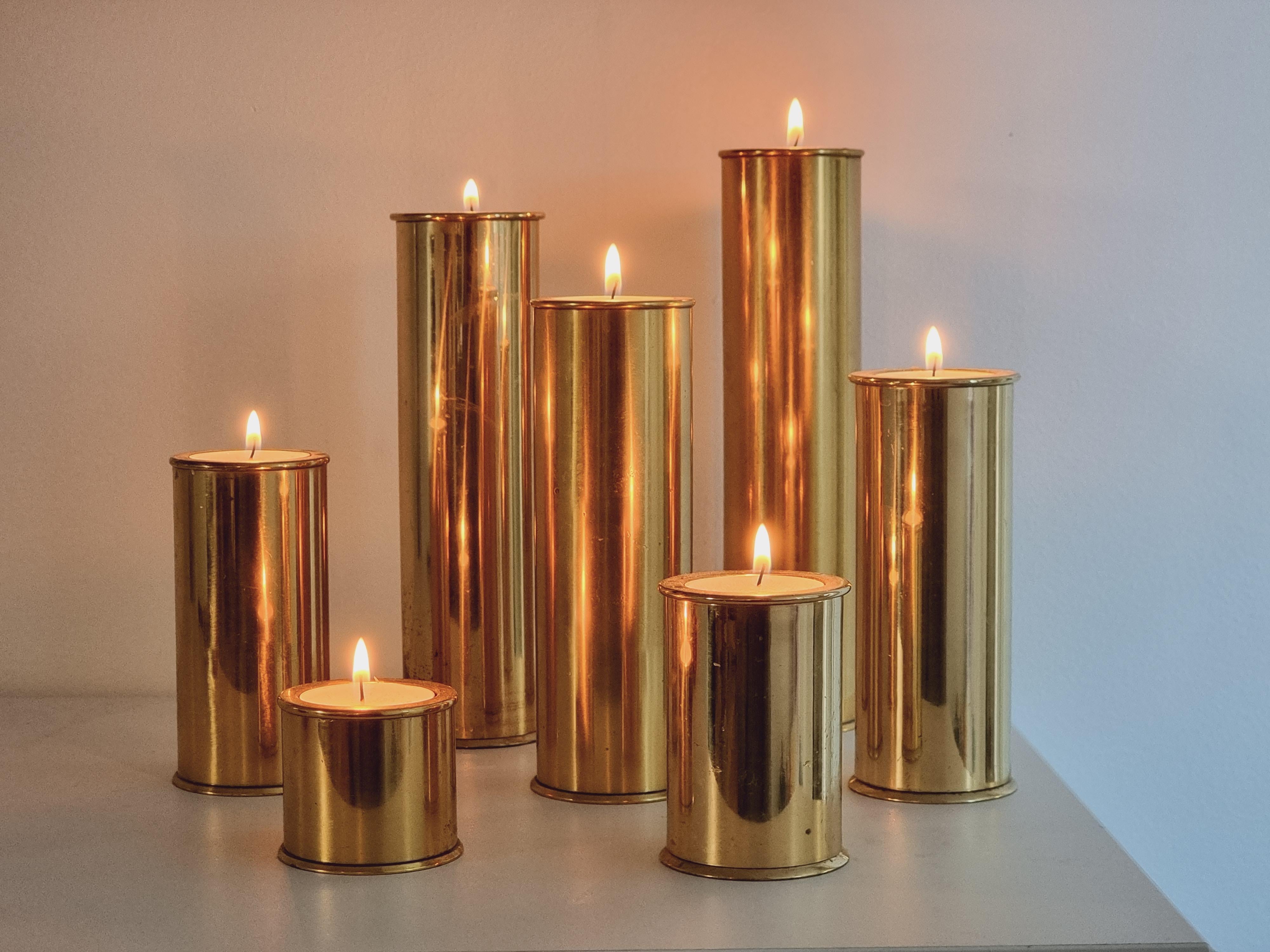 Stefan Englesson, Rare Seven Size Set, Candle Holders in Solid Brass, Sweden For Sale 5