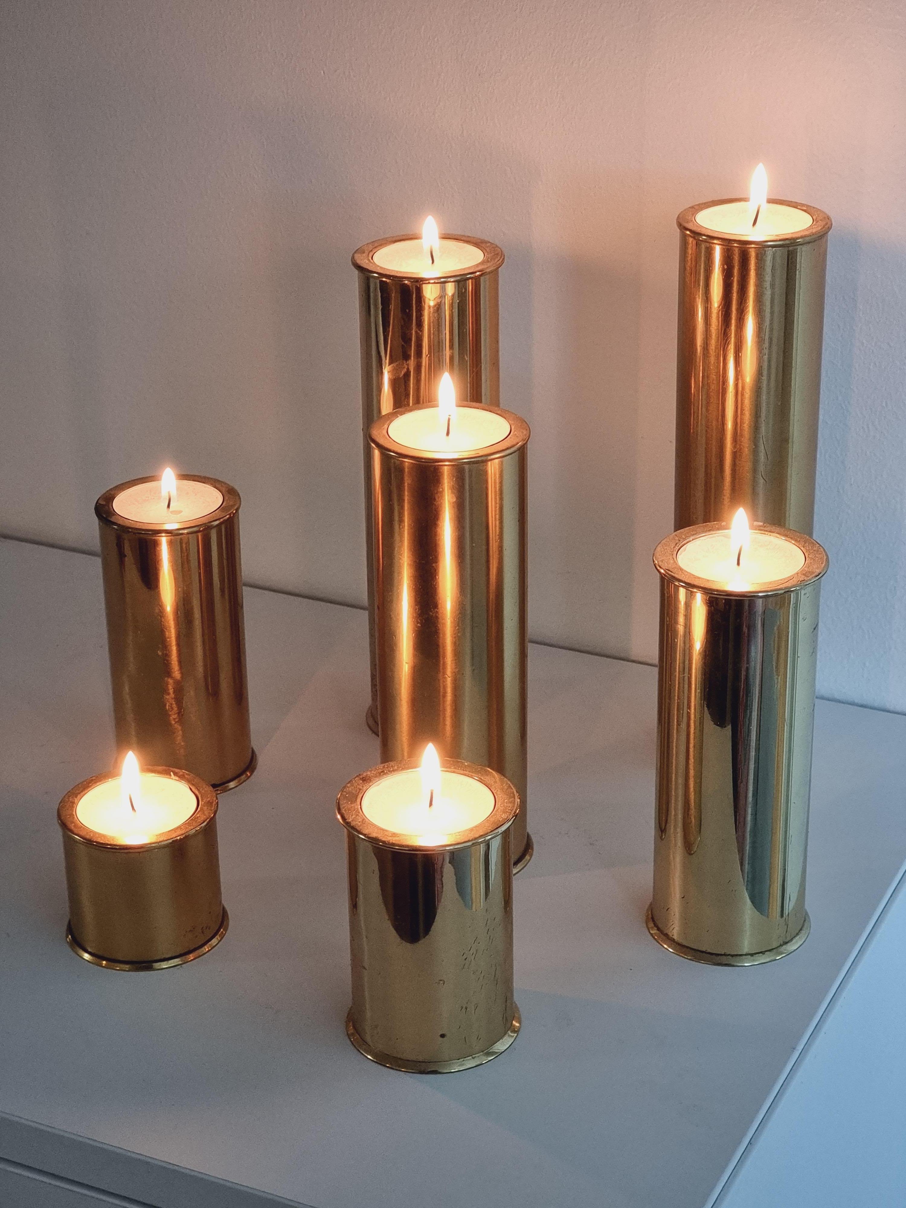 Scandinavian Modern Stefan Englesson, Rare Seven Size Set, Candle Holders in Solid Brass, Sweden For Sale