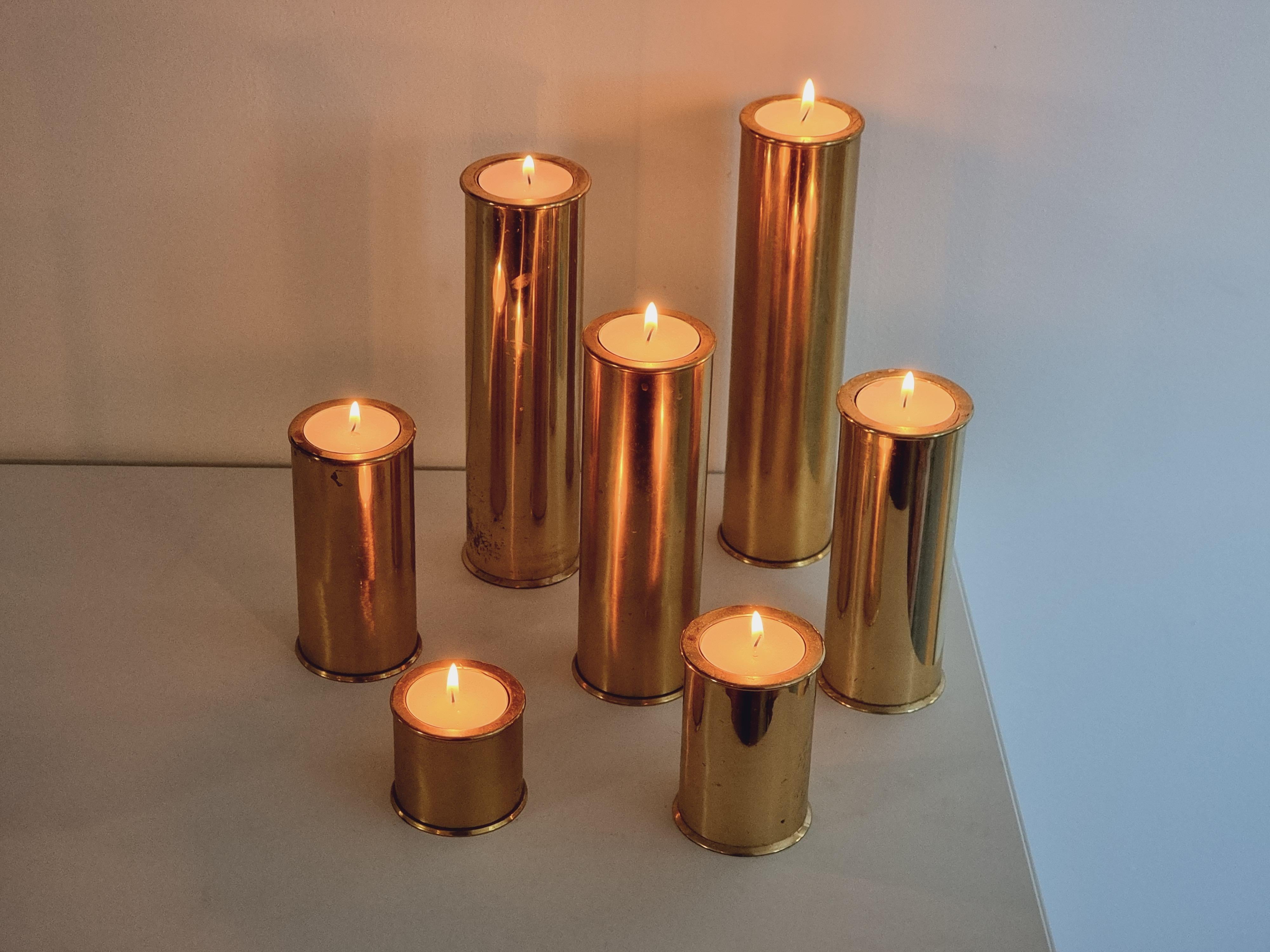 Scandinavian Stefan Englesson, Rare Seven Size Set, Candle Holders in Solid Brass, Sweden For Sale