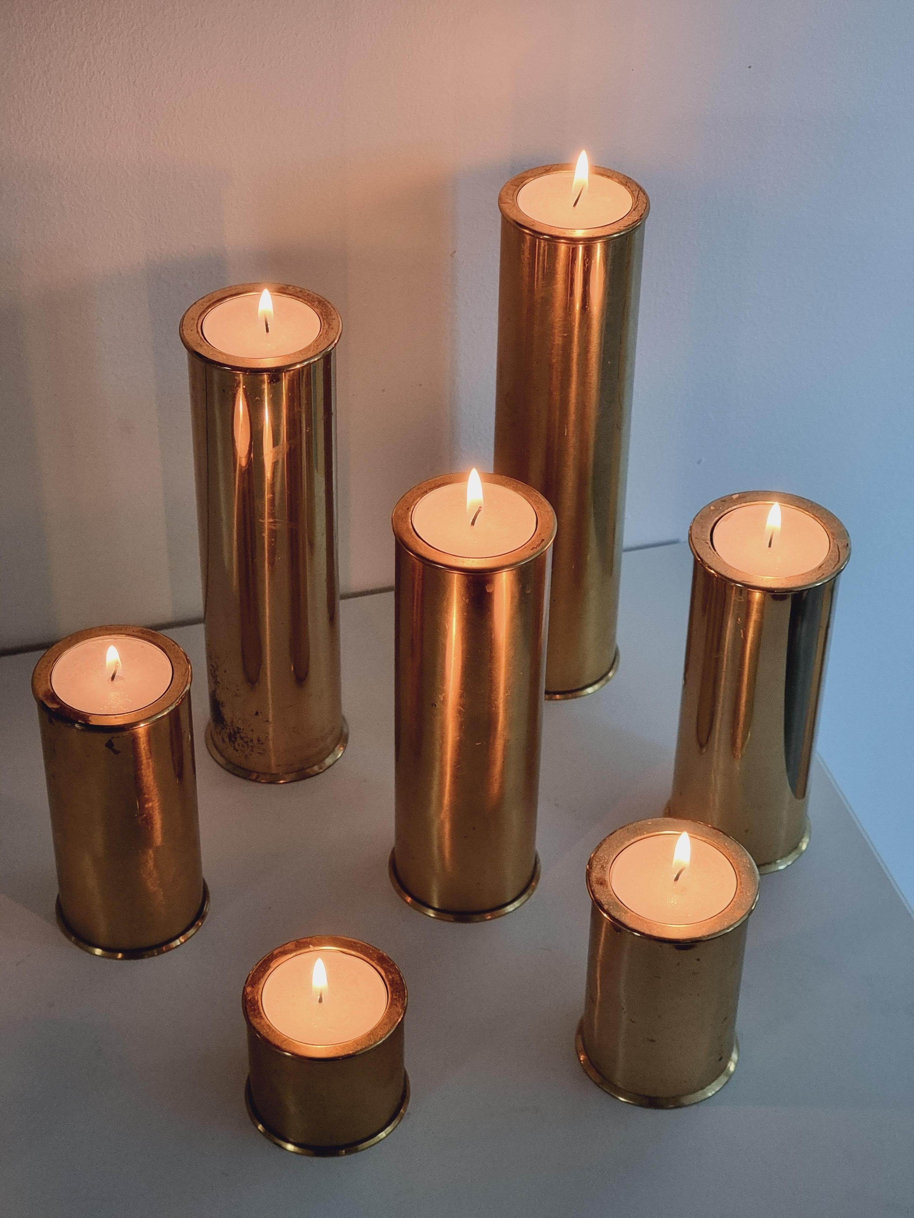 Late 20th Century Stefan Englesson, Rare Seven Size Set, Candle Holders in Solid Brass, Sweden For Sale