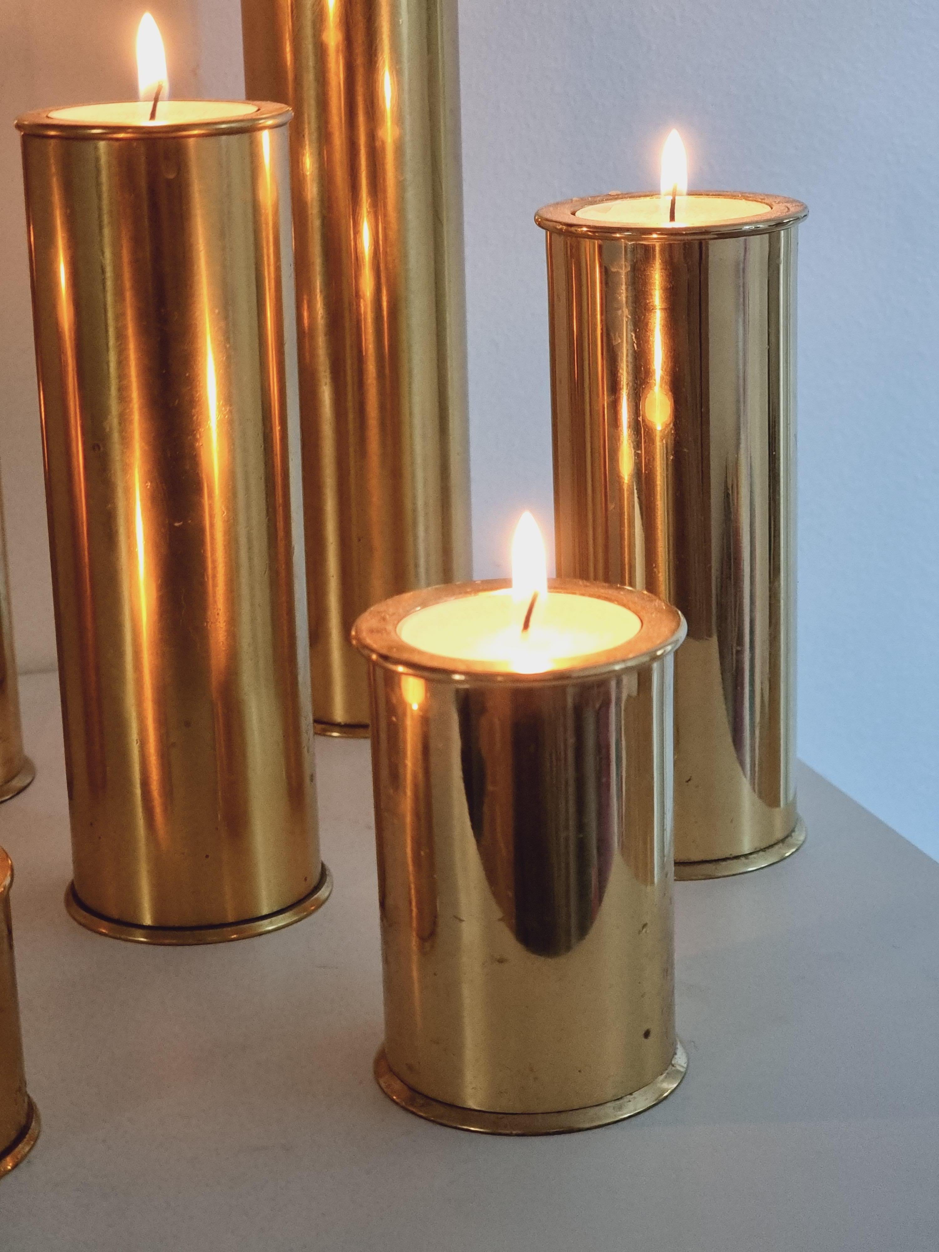 Stefan Englesson, Rare Seven Size Set, Candle Holders in Solid Brass, Sweden For Sale 1