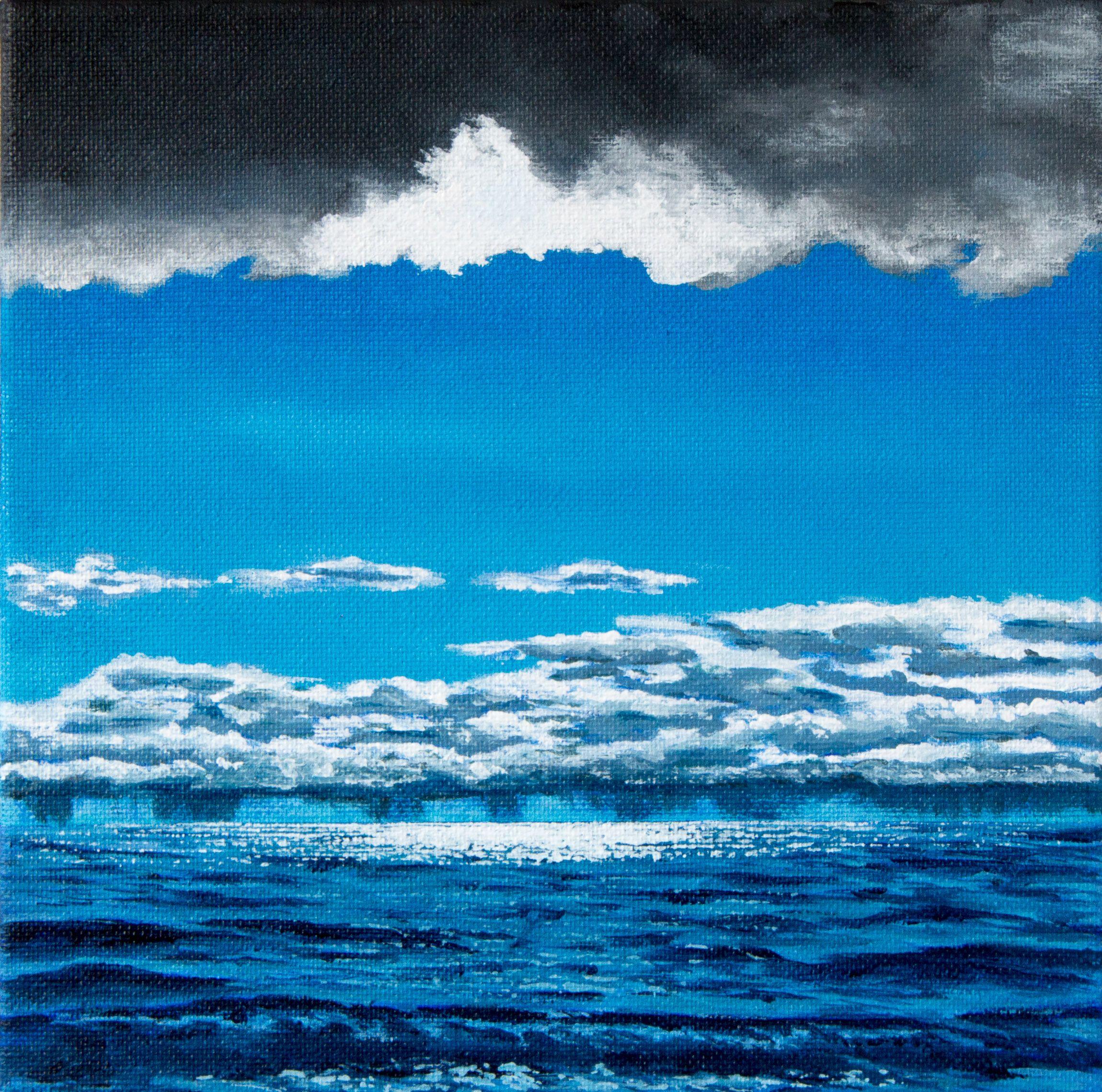 This a painting depicts the sea near where I live in north Wales after a summer storm began to clear and the sun began reappearing behind the clouds and the storm can be seen over the distant horizon.  Painted on all four side edges in black and