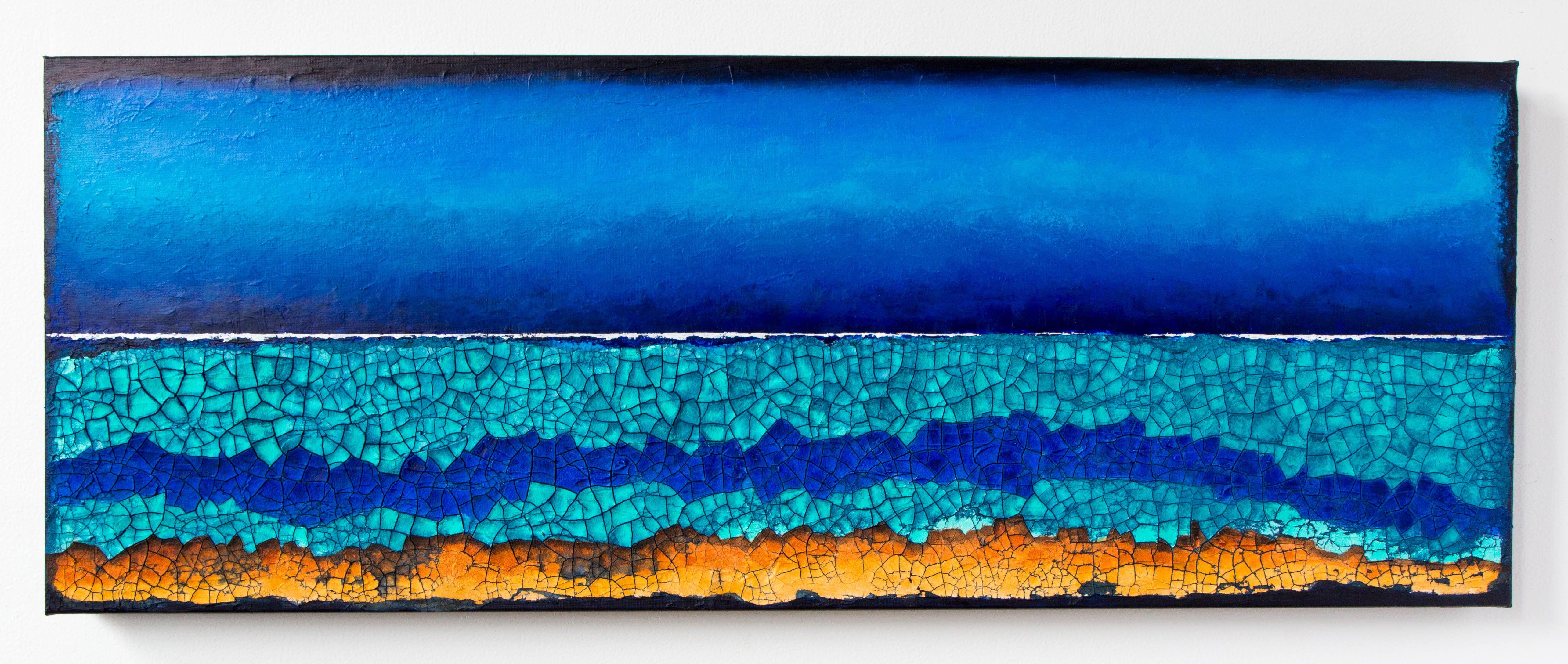 This artwork is a purely spontaneous and abstract seascape with strong vibrant colours and full of textures, with impasto texture painted with a palette knife on on the upper area and crackle textures on the lower areas.  Inspired by the sea just a