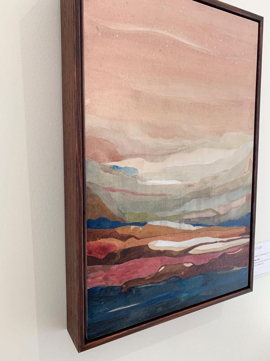 Pink Fields, contemporary small, framed landscape painting by Stefan Gevers For Sale 3