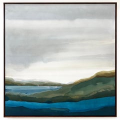 Grande peinture de paysage de lac encadrée de Stefan Gevers