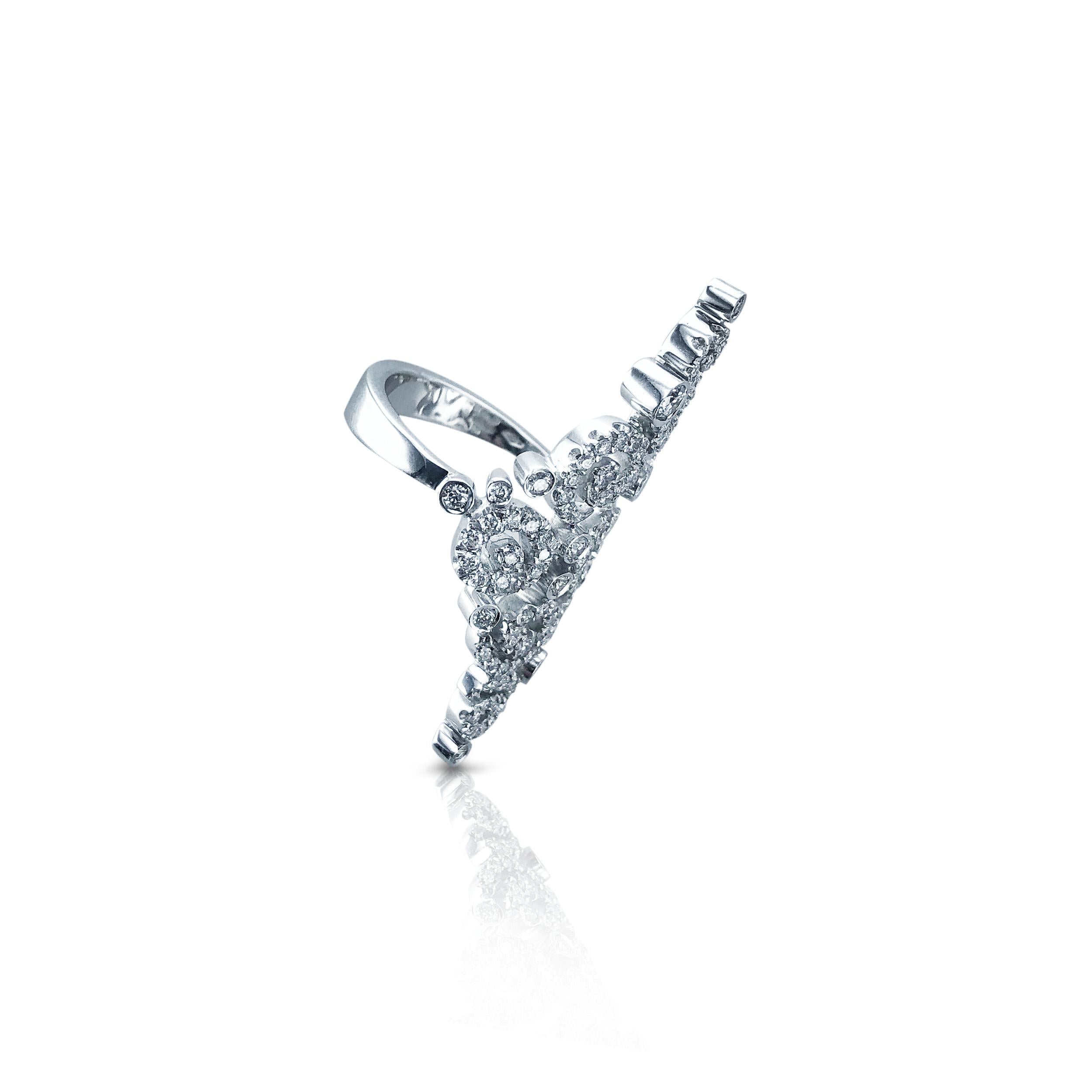 This Stefan Hafner 1.22 carats large Diamond ring is set in 18kt white Gold. 
With intricate designs and multiple swirls it dresses the finger in a unique and striking way. 
Designed with a pointed finish it lengthens the finger, empowering it with
