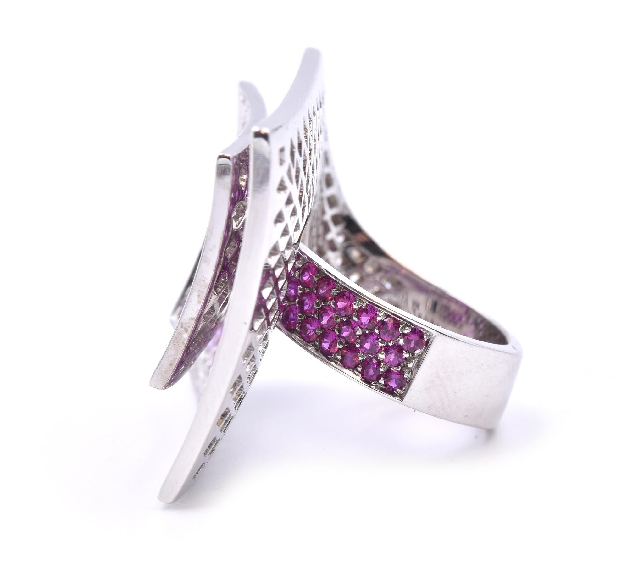 Stefan Hafner 18 Karat White Gold Diamond and Pink Sapphire Geometric Ring In Excellent Condition In Scottsdale, AZ