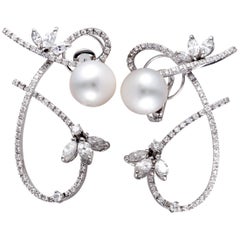 Stefan Hafner 18 Karat White Gold Diamond and White Pearl Omega Earrings