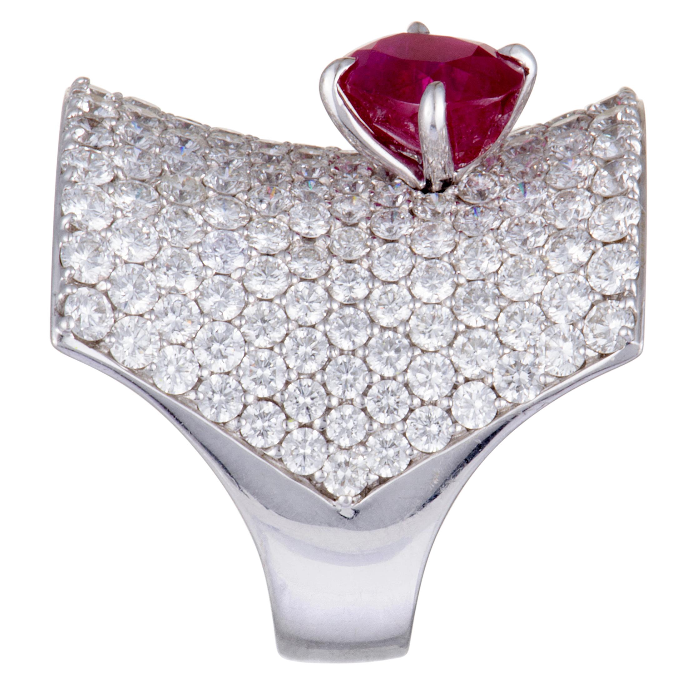 Stefan Hafner 18 Karat White Gold Diamond Pave and Ruby Curved Ring In New Condition In Southampton, PA