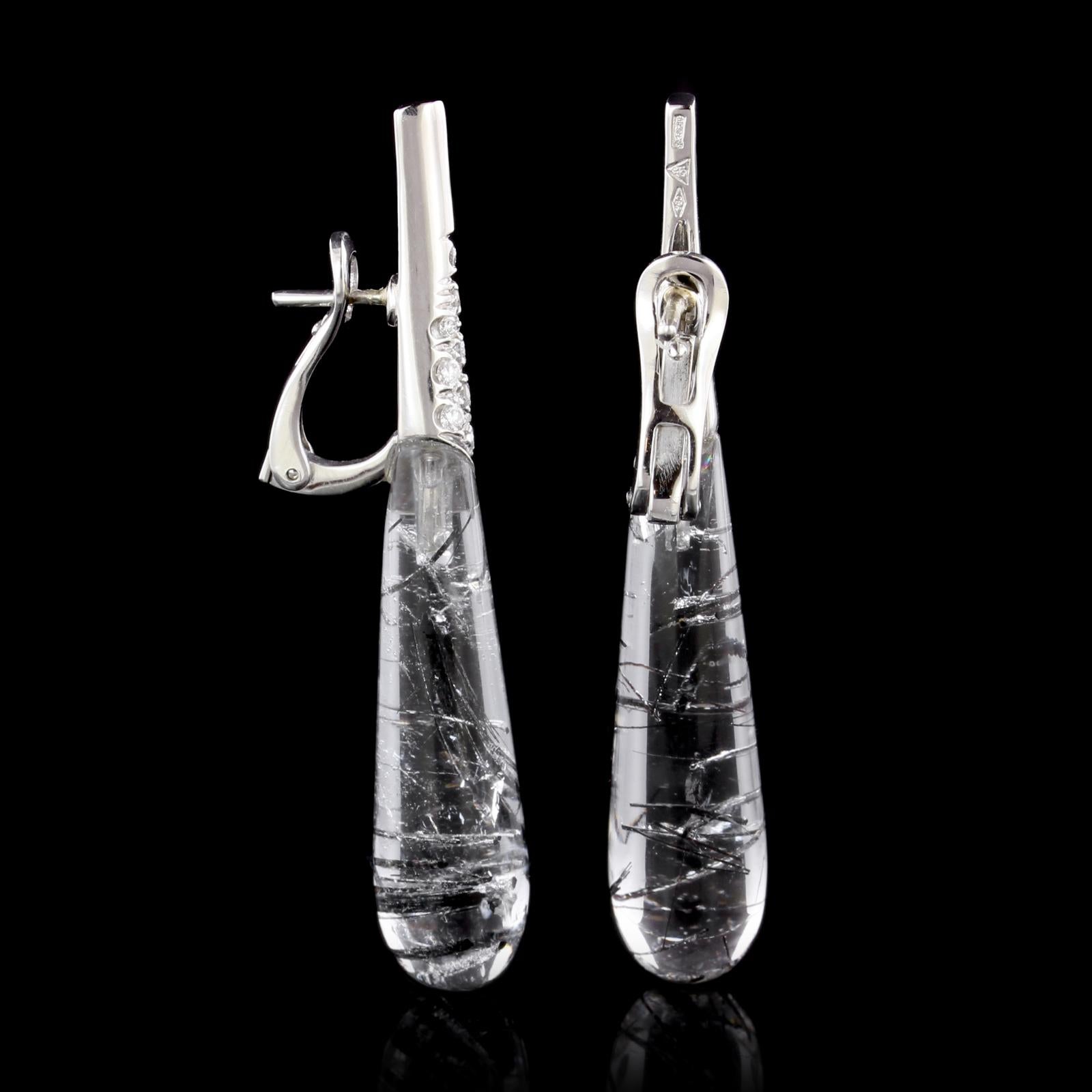 Stefan Hafner 18 Karat White Gold Tourmalated Quartz and Diamond Earrings In Excellent Condition In Nashua, NH