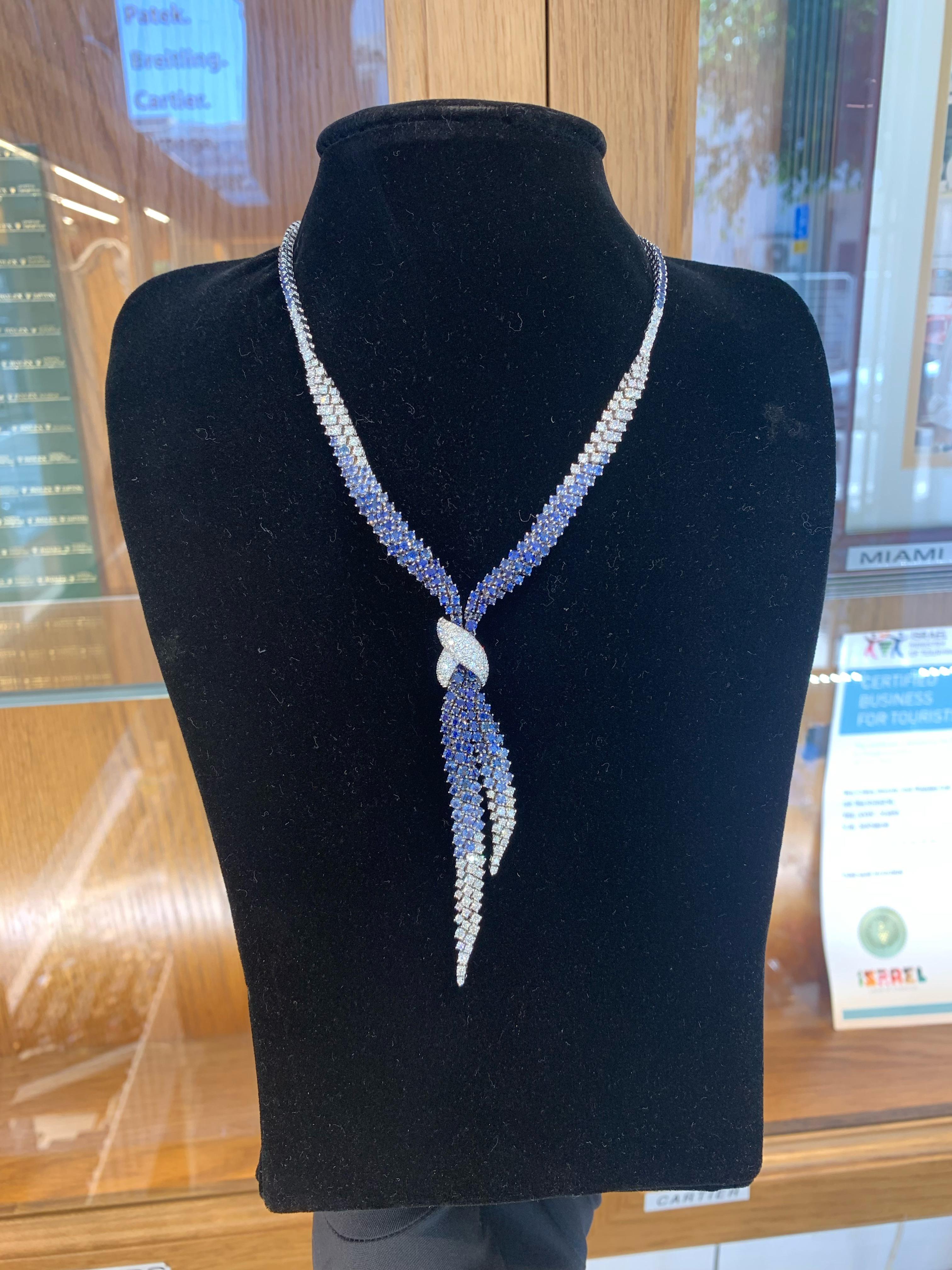 Beautiful Blue Sapphire & Diamond Necklace Made By “Stefan Hafner”.
Amazing Shine, Incredible Craftsmanship.
Great Statement Piece.
Very Well Crafted.
Approximately 18.0 Carats Blue Sapphires.
Approximately 1.75 Carats Of Diamonds.
Nice & Clean