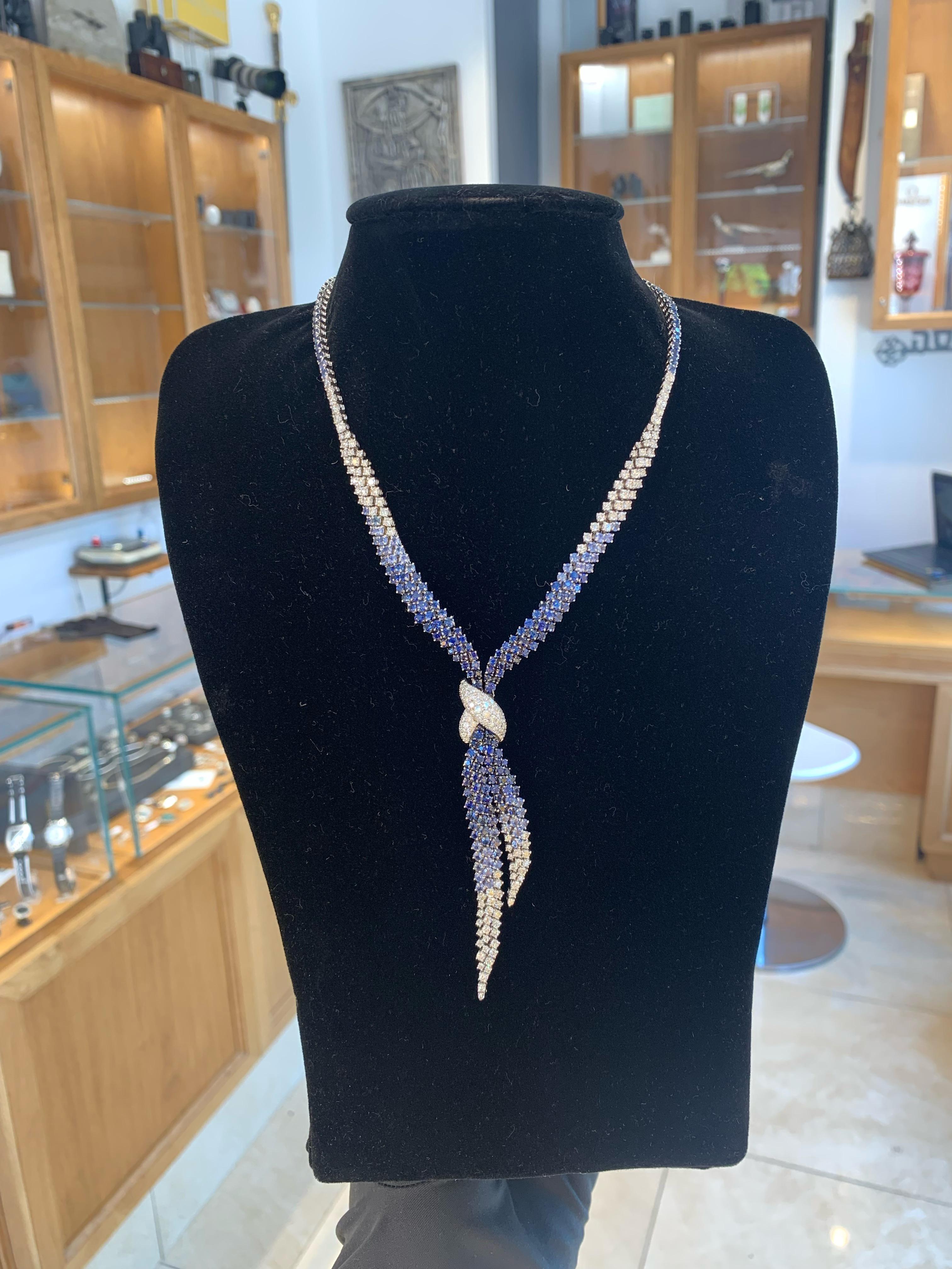 Round Cut Stefan Hafner 18k Gold Blue Sapphire & Diamond Necklace  For Sale
