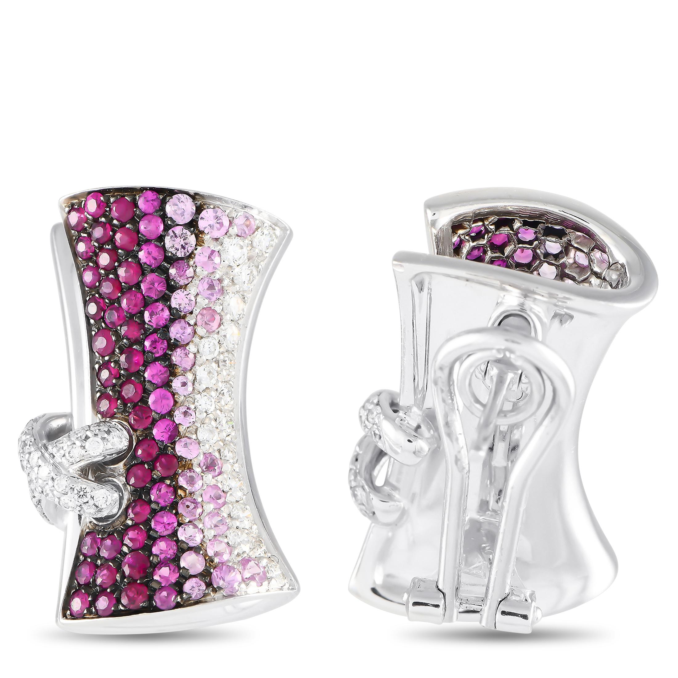 Italian sophistication emanates from these bejeweled earrings by Stefan Hafner. They're clad in fine 18K white gold and feature a unique silhouette reminiscent of a corset. Pave-set white diamonds and gradient pink sapphires cover the front-facing