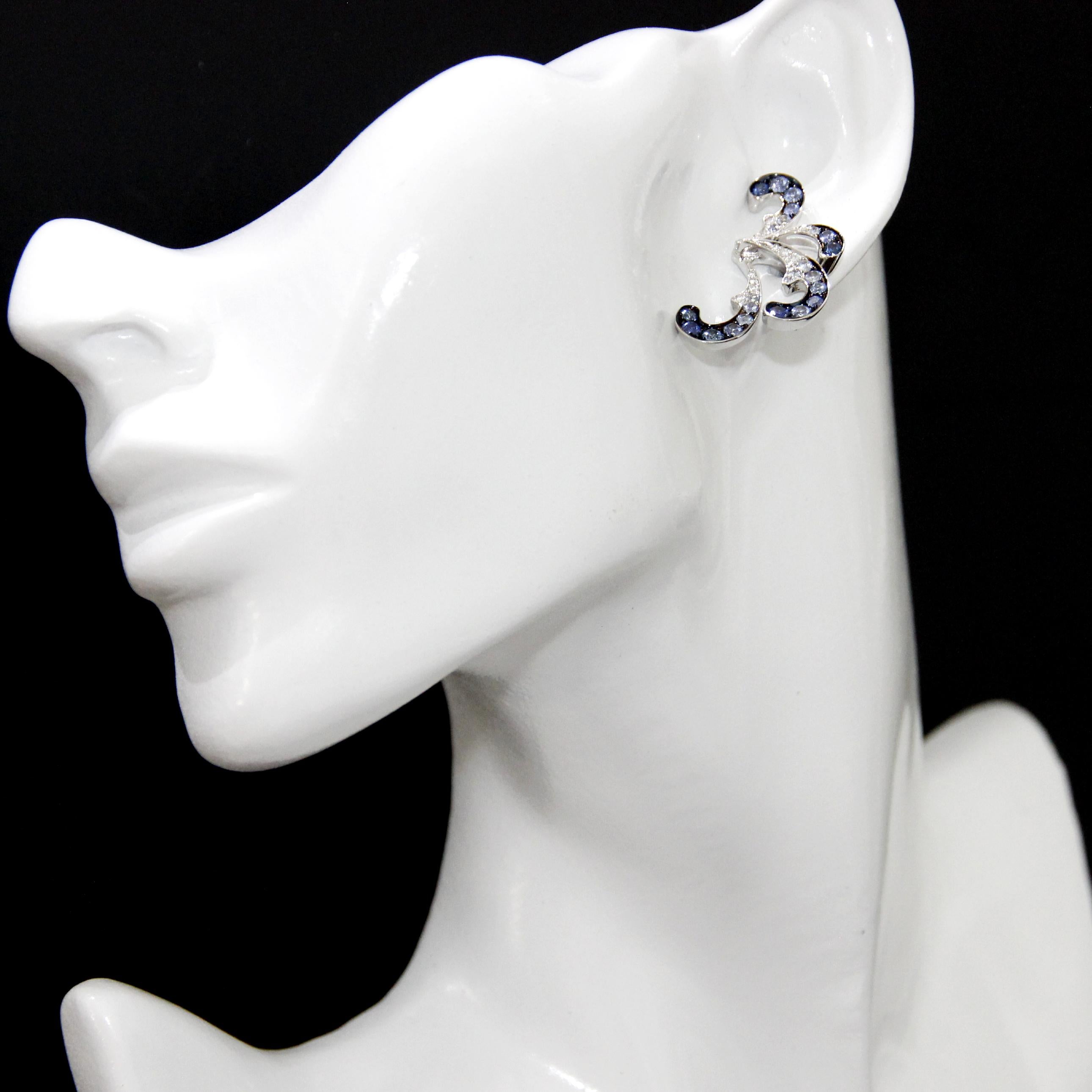Brilliant Cut Stefan Hafner 18K White Gold, Diamonds and Blue Sapphire Earrings For Sale