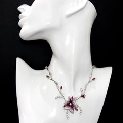 Stefan Hafner 18k White Gold Diamonds, Ruby and Pink Sapphires Flower Necklace
