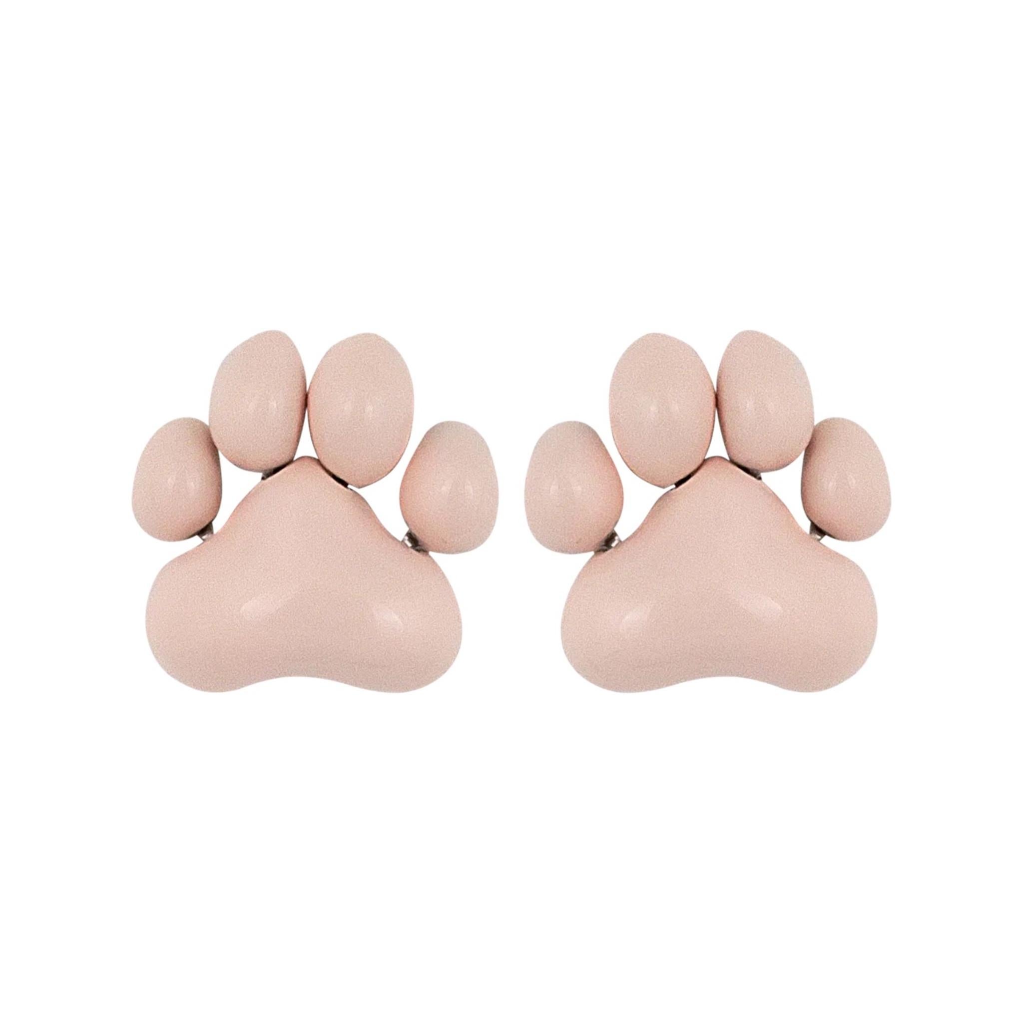 Stefan Hafner 18K White Gold Pink Enamel Paw Earrings For Sale