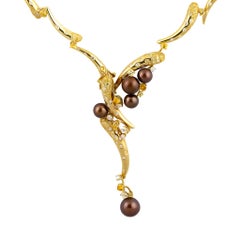 Stefan Hafner 18K Yellow Gold Chocolate Pearl & Diamond & Sapphire Necklace