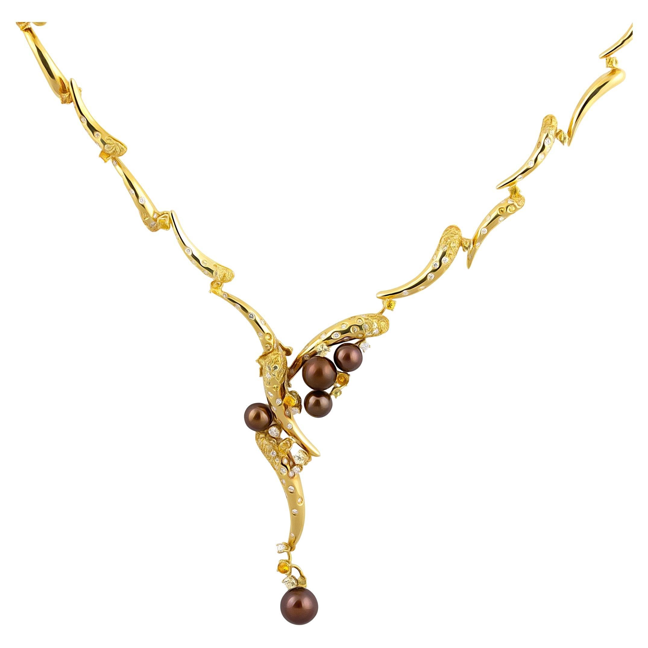 Stefan Hafner 18K Yellow Gold Chocolate Pearl & Diamond & Sapphire Necklace For Sale