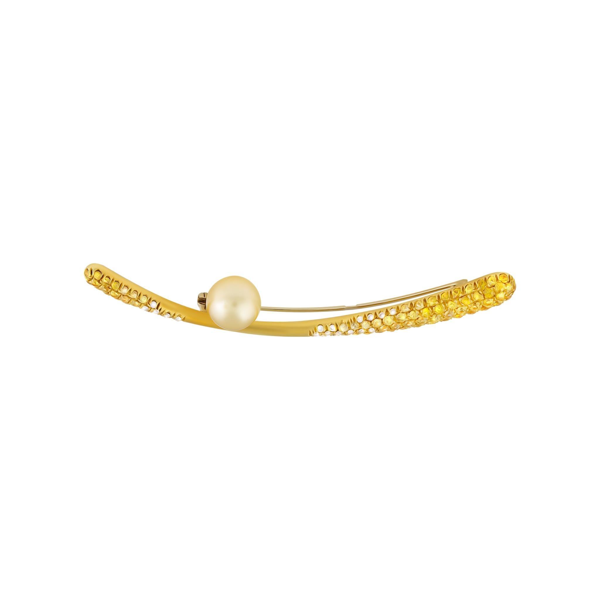 Modern Stefan Hafner 18K Yellow Gold Diamond & Sapphire & Pearl Pin For Sale