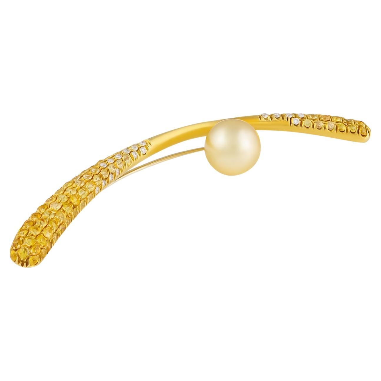 Stefan Hafner 18K Yellow Gold Diamond & Sapphire & Pearl Pin For Sale
