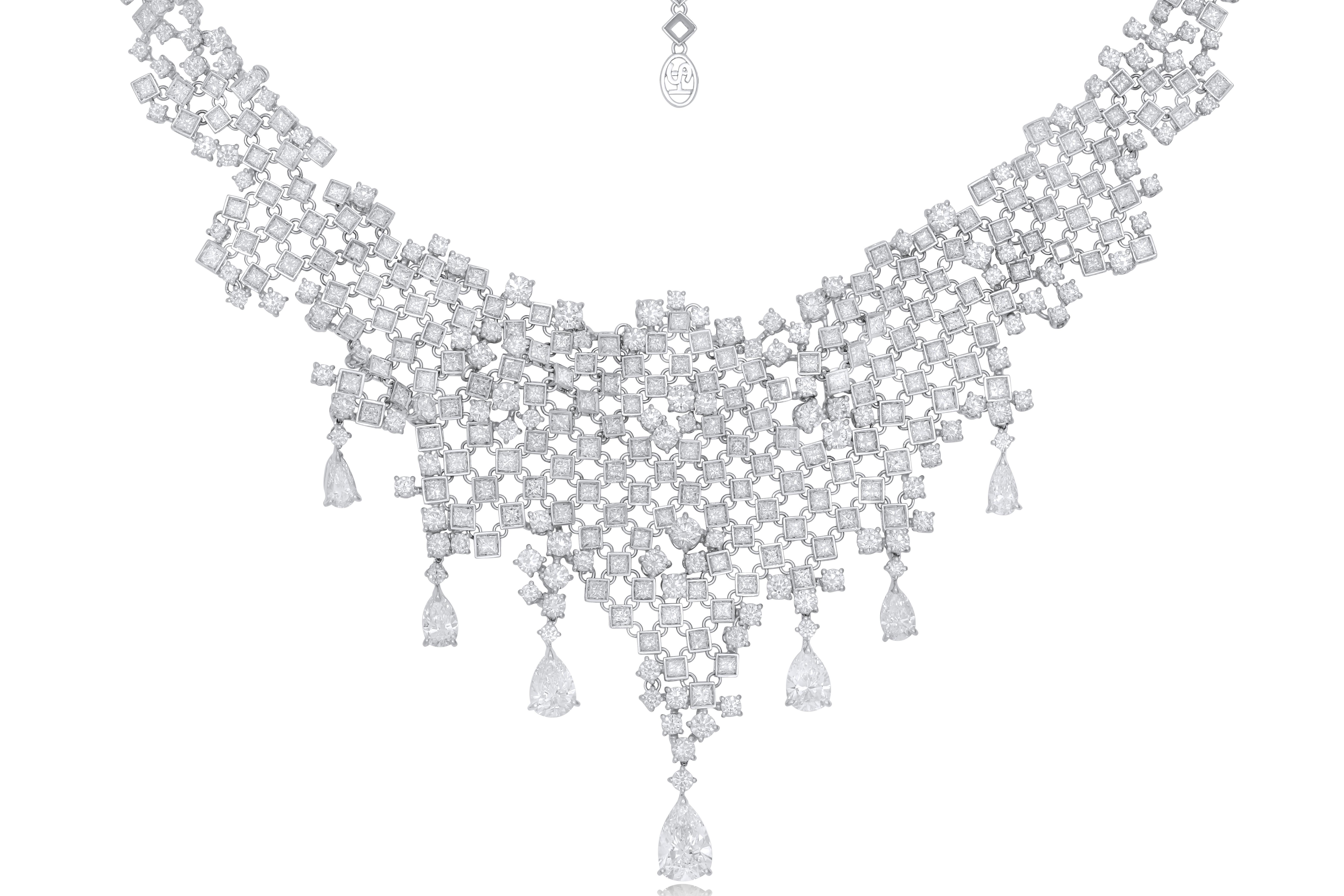 Brand New Stefan Hafner stunning diamond necklace, with 29 carats of round and pear shape drop diamond necklace. 
High color and clarity diamonds.