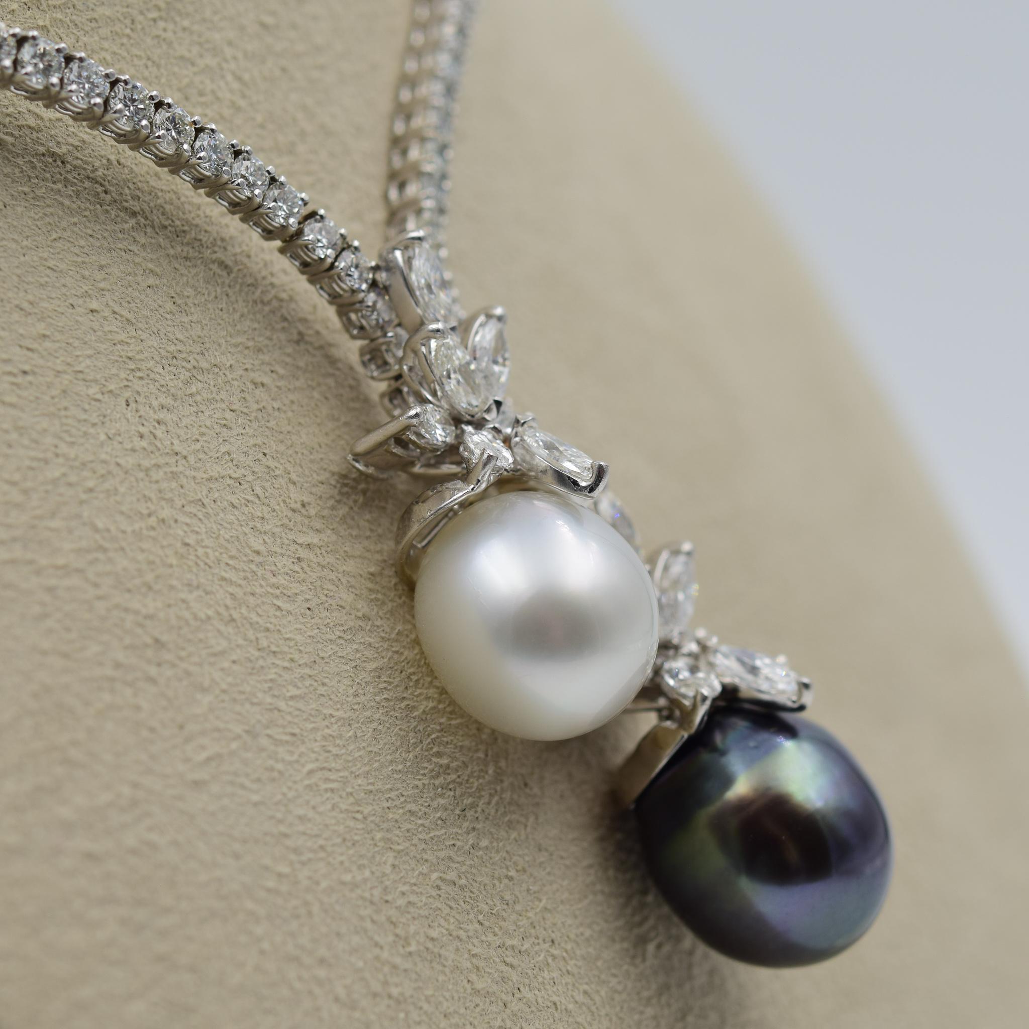 Round Cut Stefan Hafner 9.00 Carat Diamond Necklace with South Sea Tahitian Pearls
