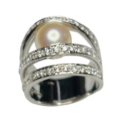 Stefan Hafner "Caged Pearl" 18K White Gold Akoya Pearl and Diamond Ring