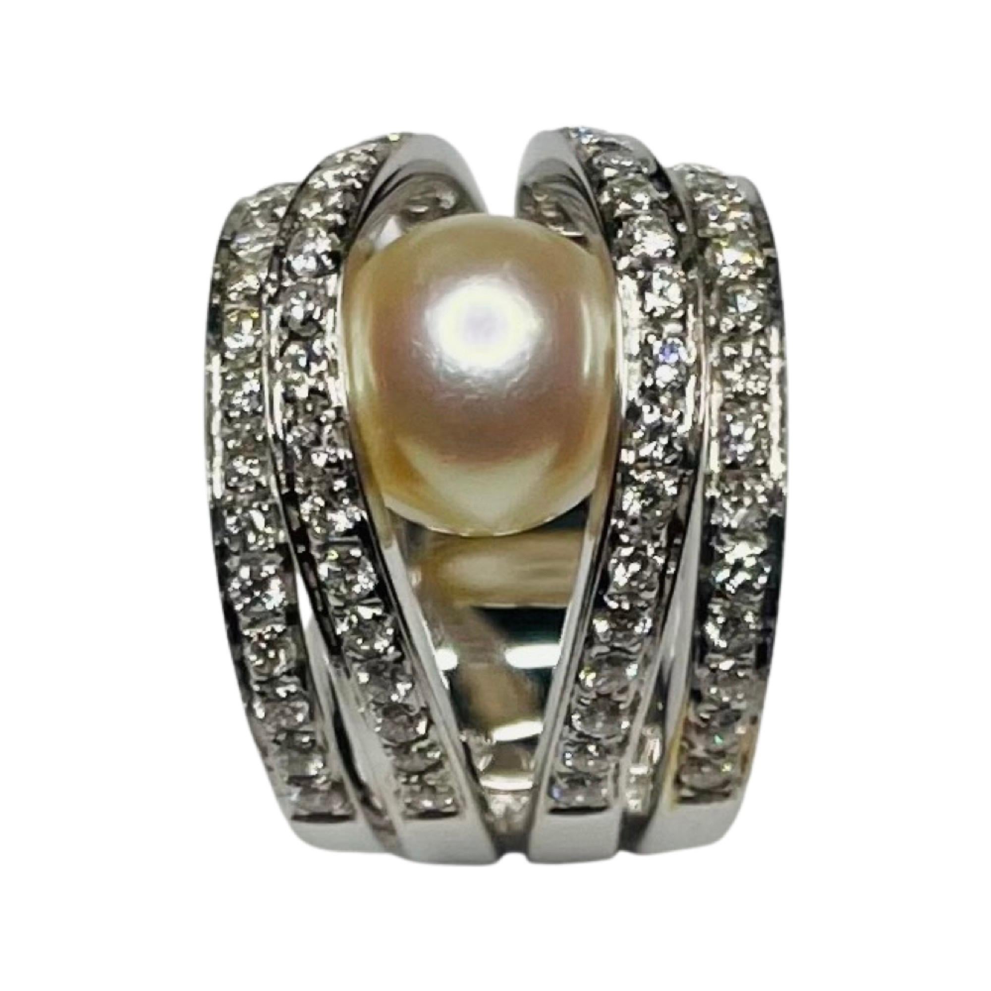 Stefan Hafner: 18 Karat Weißgold Akoya-Perlen- und Diamantring „Caged Perle“ (Rundschliff) im Angebot