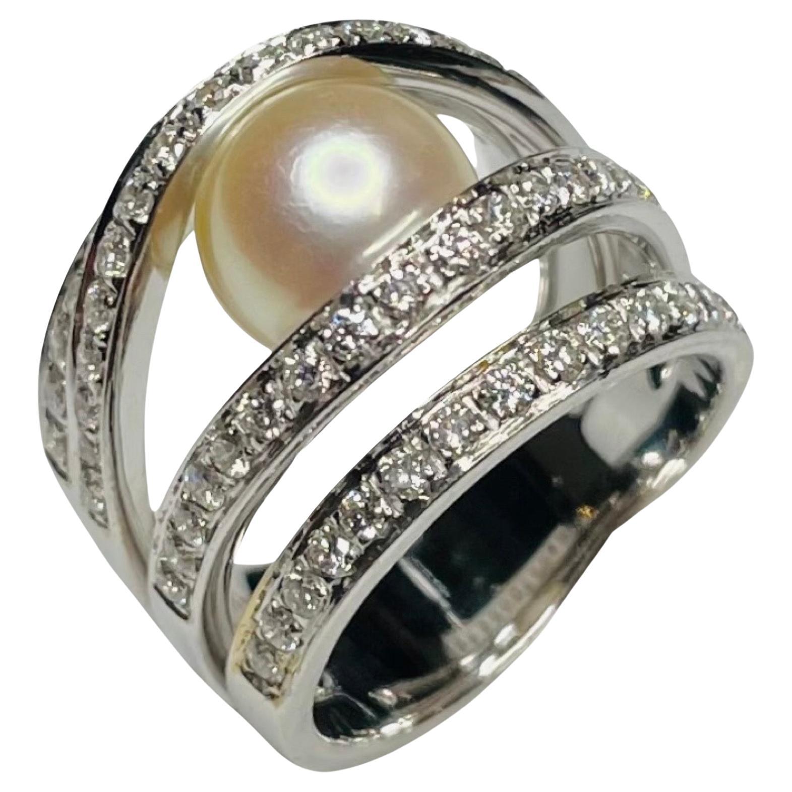 Stefan Hafner "Caged Pearl" 18K White Gold Akoya Pearl and Diamond Ring