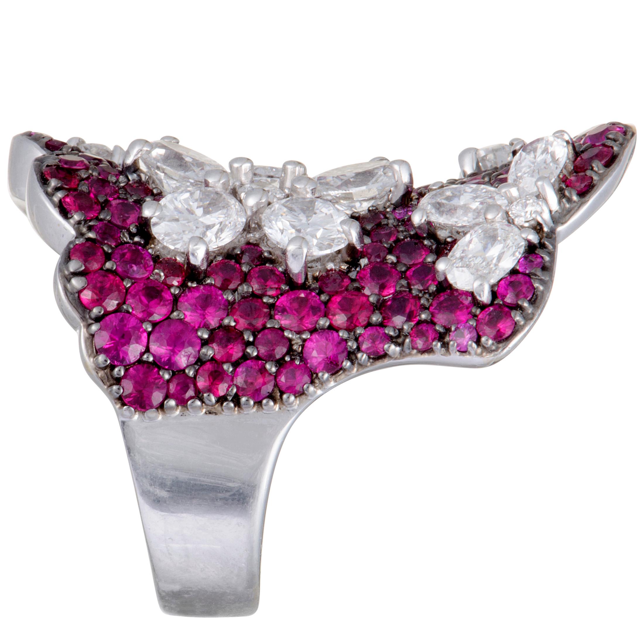 Stefan Hafner Diamond and Ruby Pave Flowers White Gold Curved Ring In New Condition In Southampton, PA