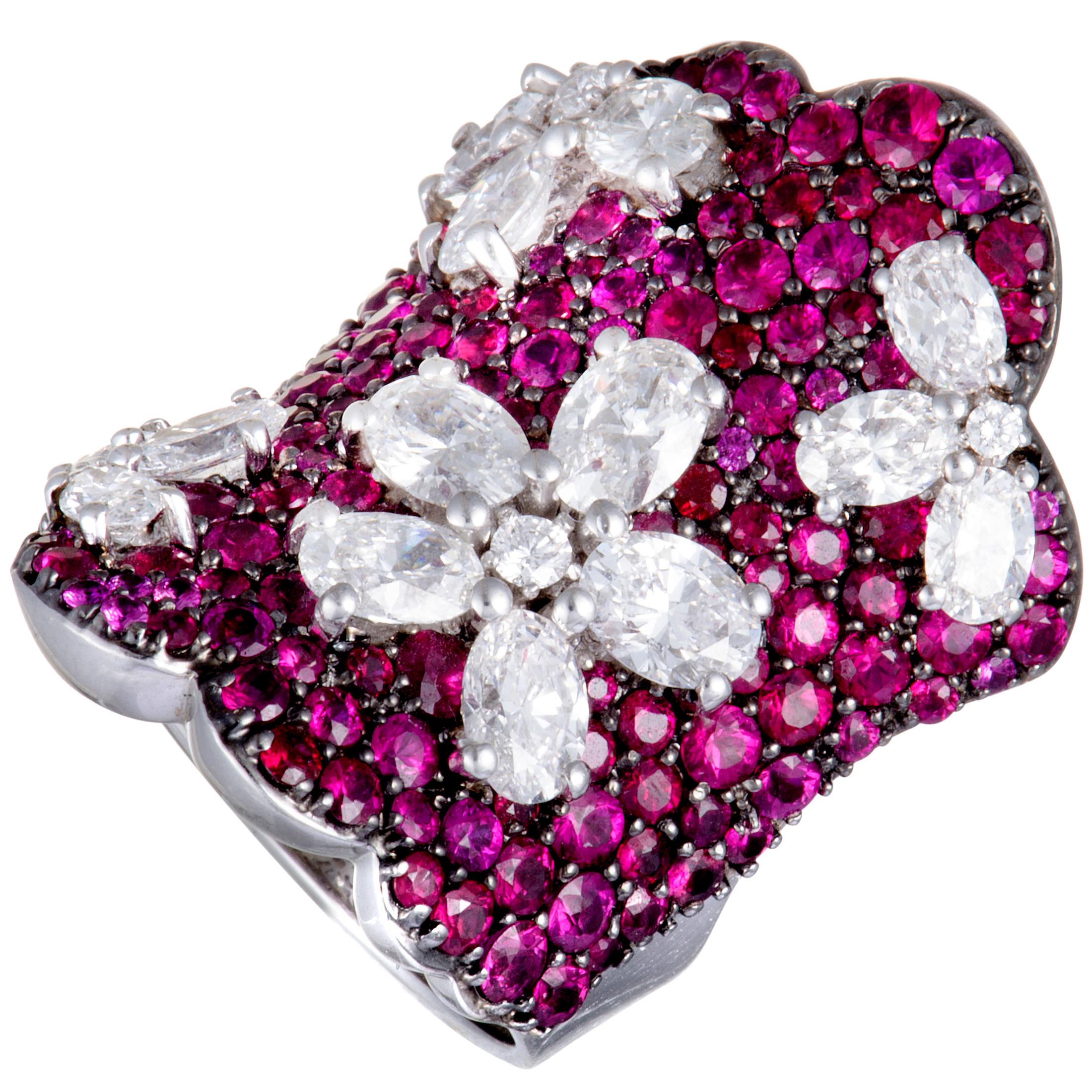 Stefan Hafner Diamond and Ruby Pave Flowers White Gold Curved Ring