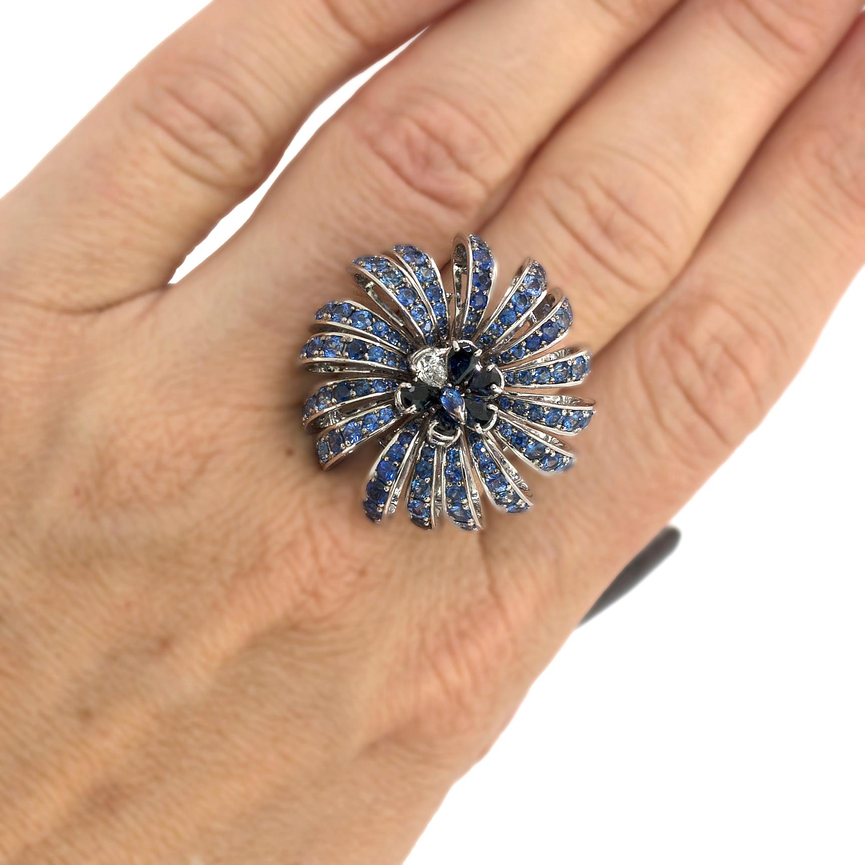 Round Cut Stefan Hafner Diamond and Sapphire White Gold Middle Finger Ring For Sale