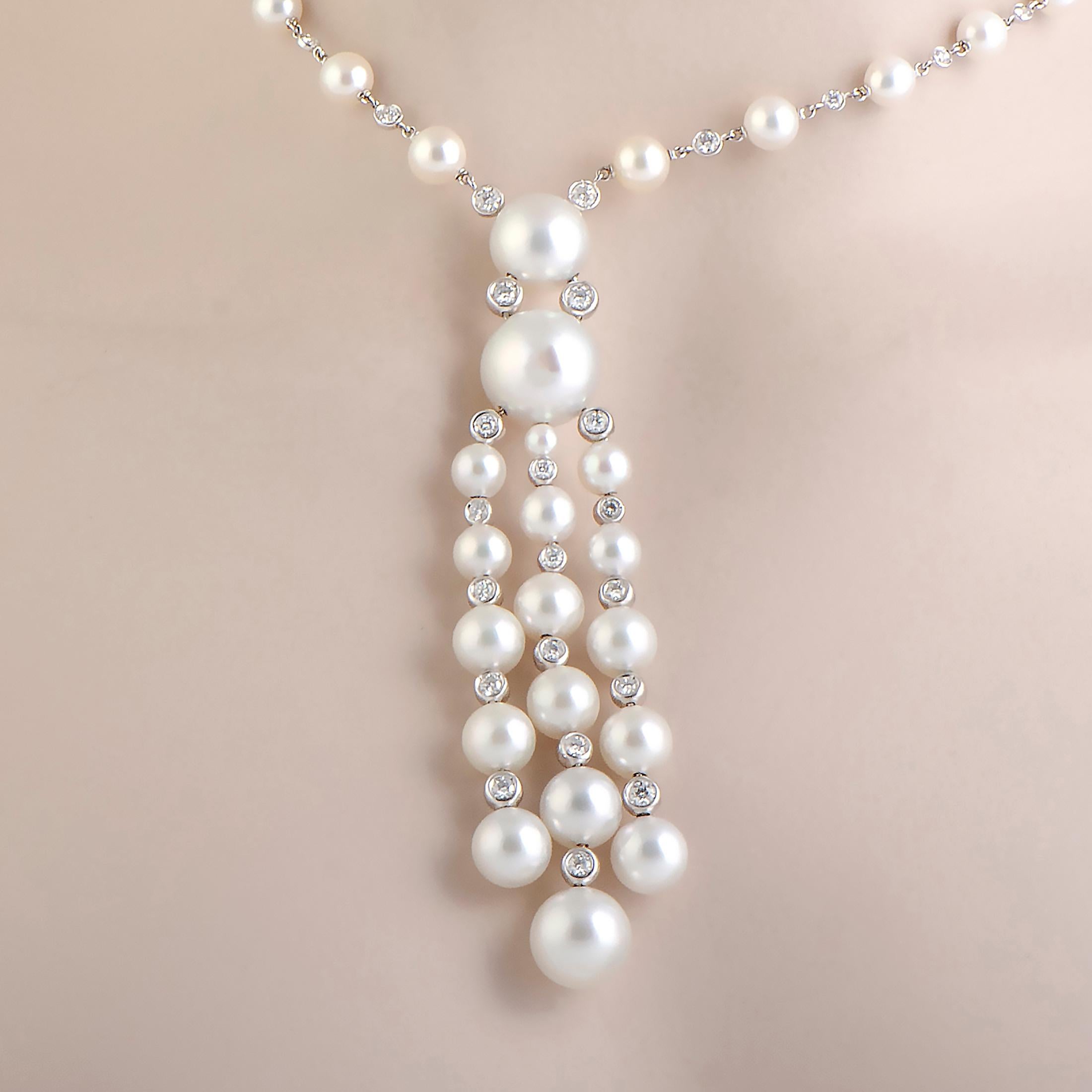 Women's Stefan Hafner Diamond and White Pearl Riviere String White Gold Pendant Necklace