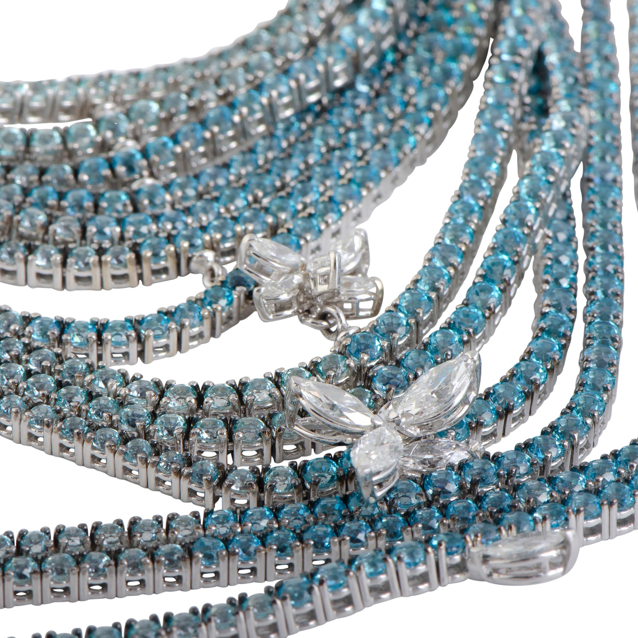 Women's Stefan Hafner Diamond Aquamarine and Topaz 13 String White Gold Collar Necklace