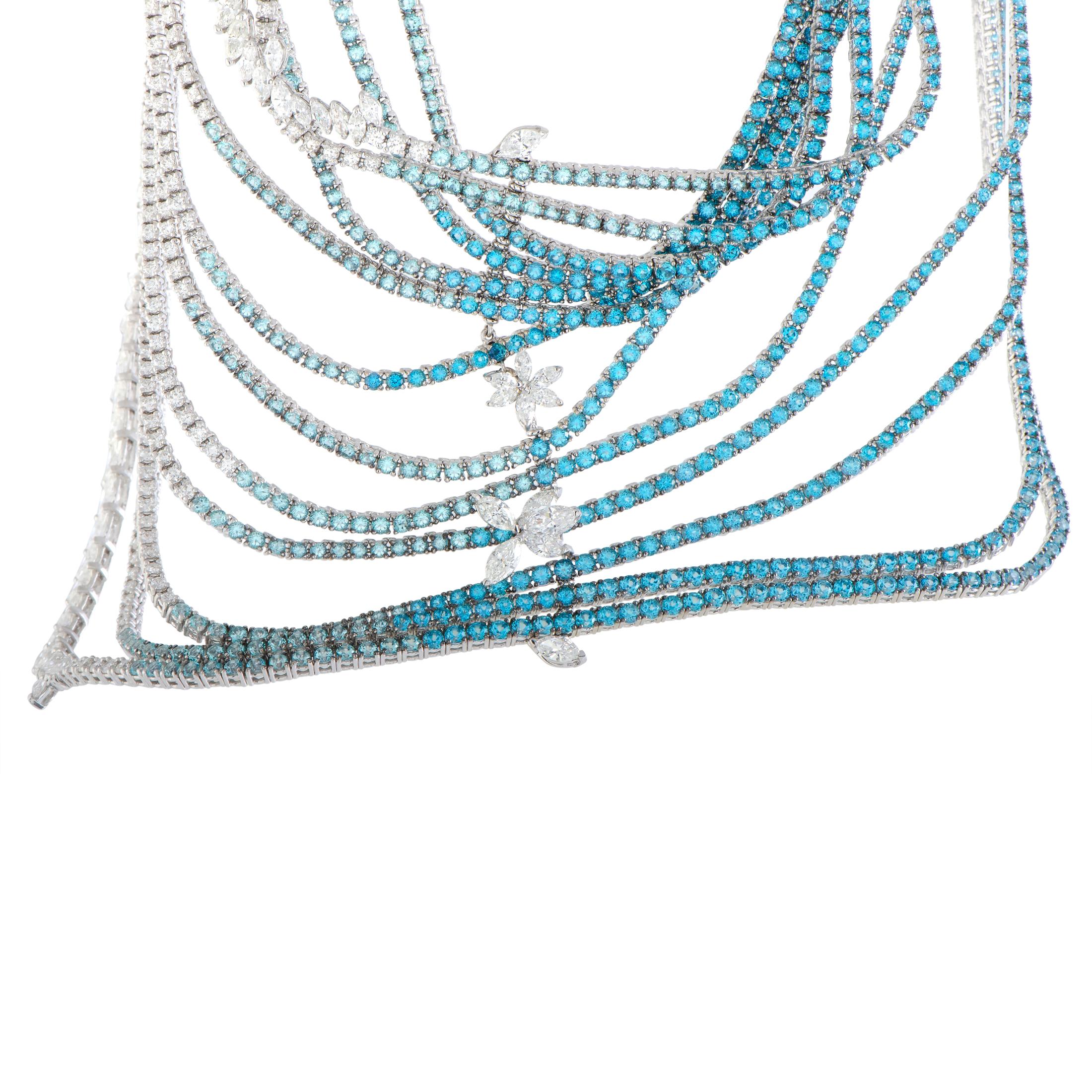 Stefan Hafner Diamond Aquamarine and Topaz 13 String White Gold Collar Necklace