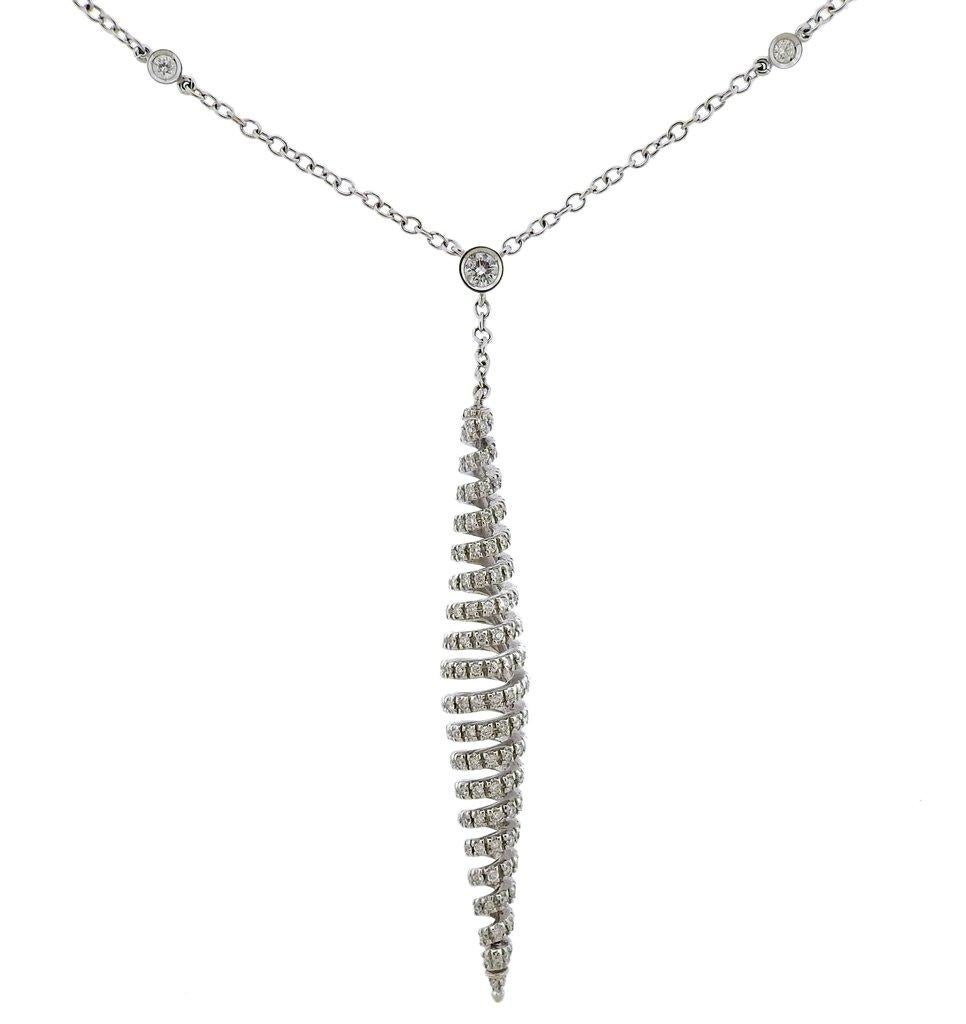 18k white gold chain necklace with log pendant, crafted by Stefan Hafner, set with approx. 1.34ctw in GH/VS diamonds. Necklace - adjustable length from 14