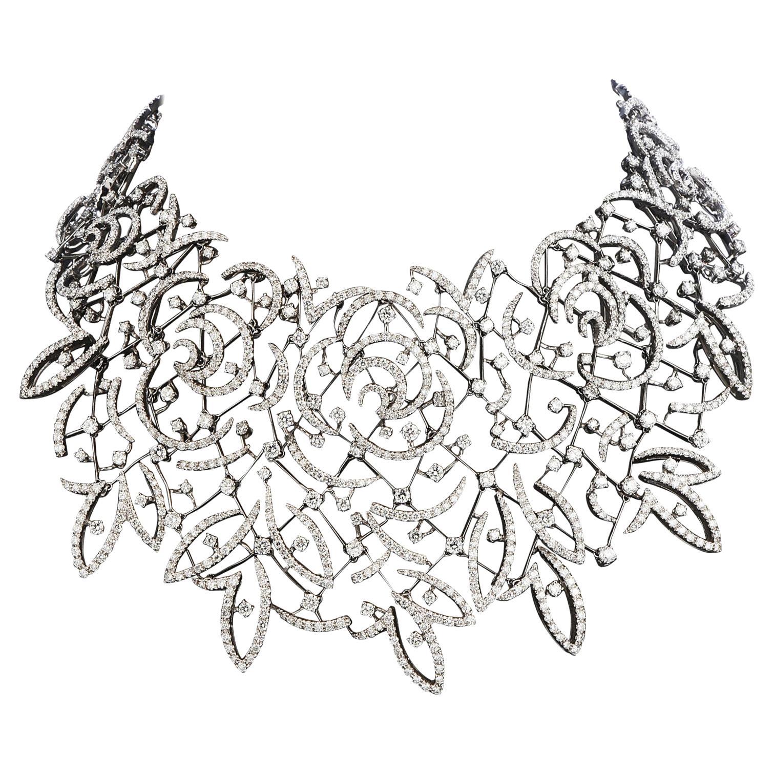 Art Deco Stefan Hafner Diamond Lace 18k White Gold chocker Necklace