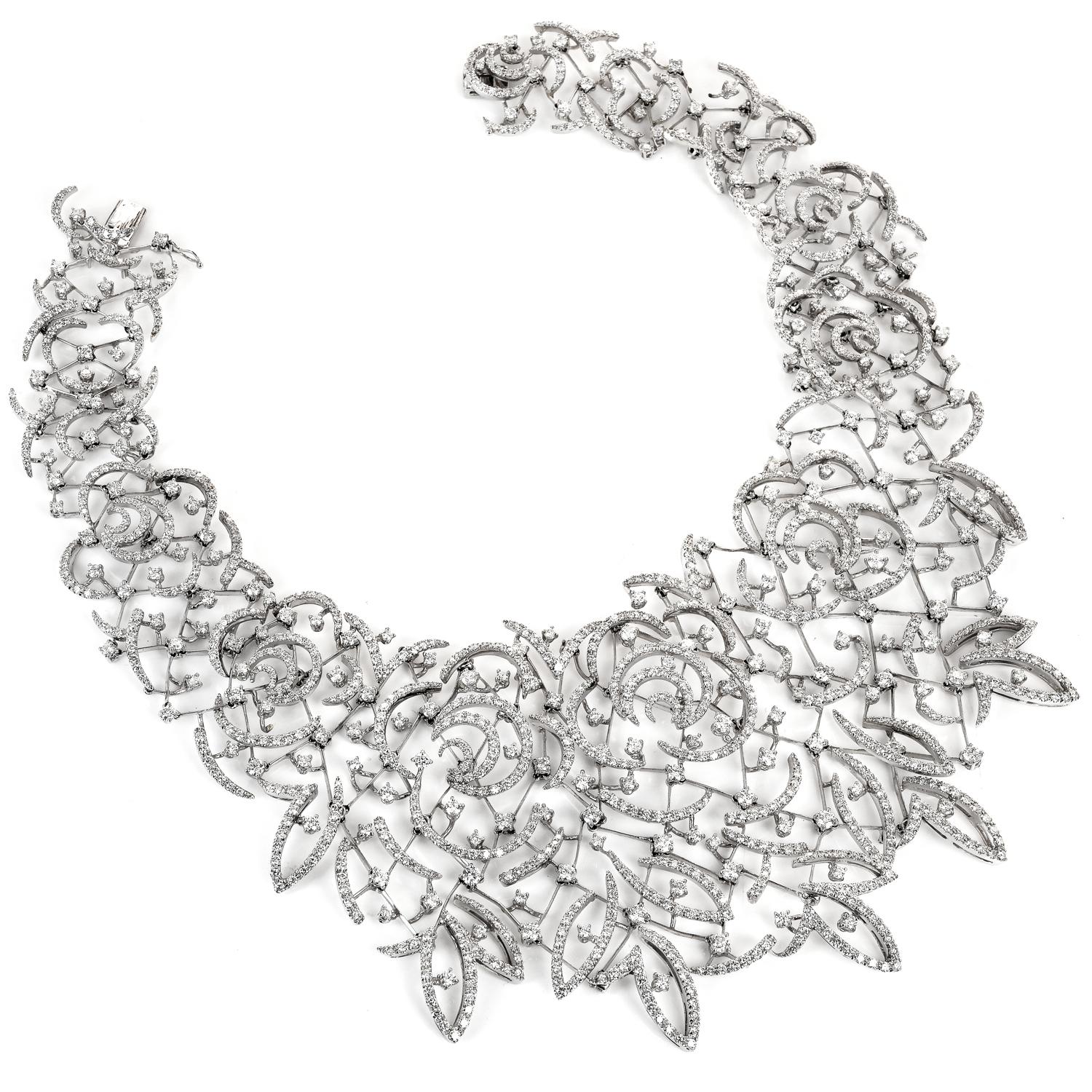 Round Cut Stefan Hafner Diamond Lace 18k White Gold chocker Necklace