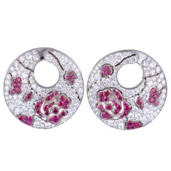 Stefan Hafner Diamond Pave and Ruby Rose White Gold Round Snap Earrings