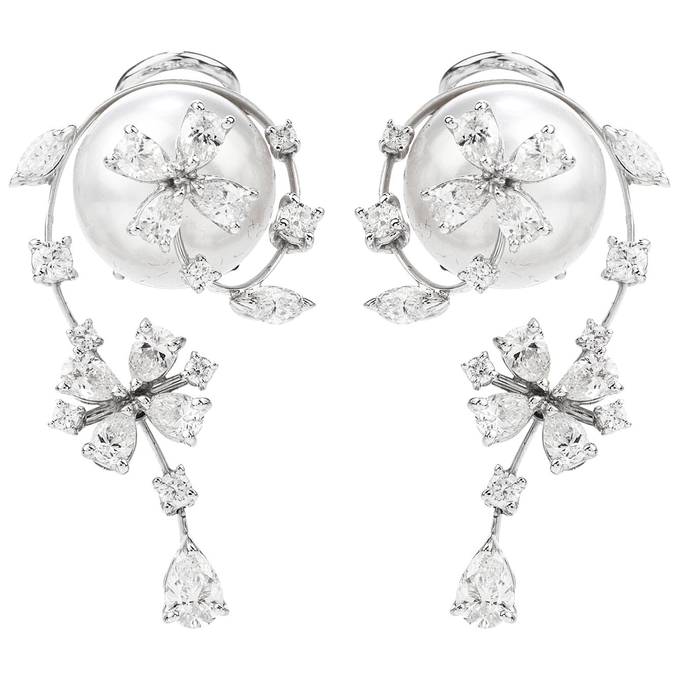 Stefan Hafner Diamond South Sea Pearl 18k Gold Floral Earrings