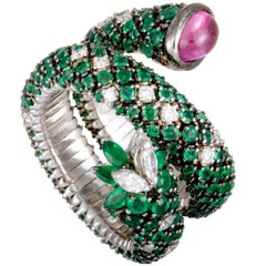 Stefan Hafner Full Diamond and Emerald, Pink Sapphire Cabochon White Gold Ring